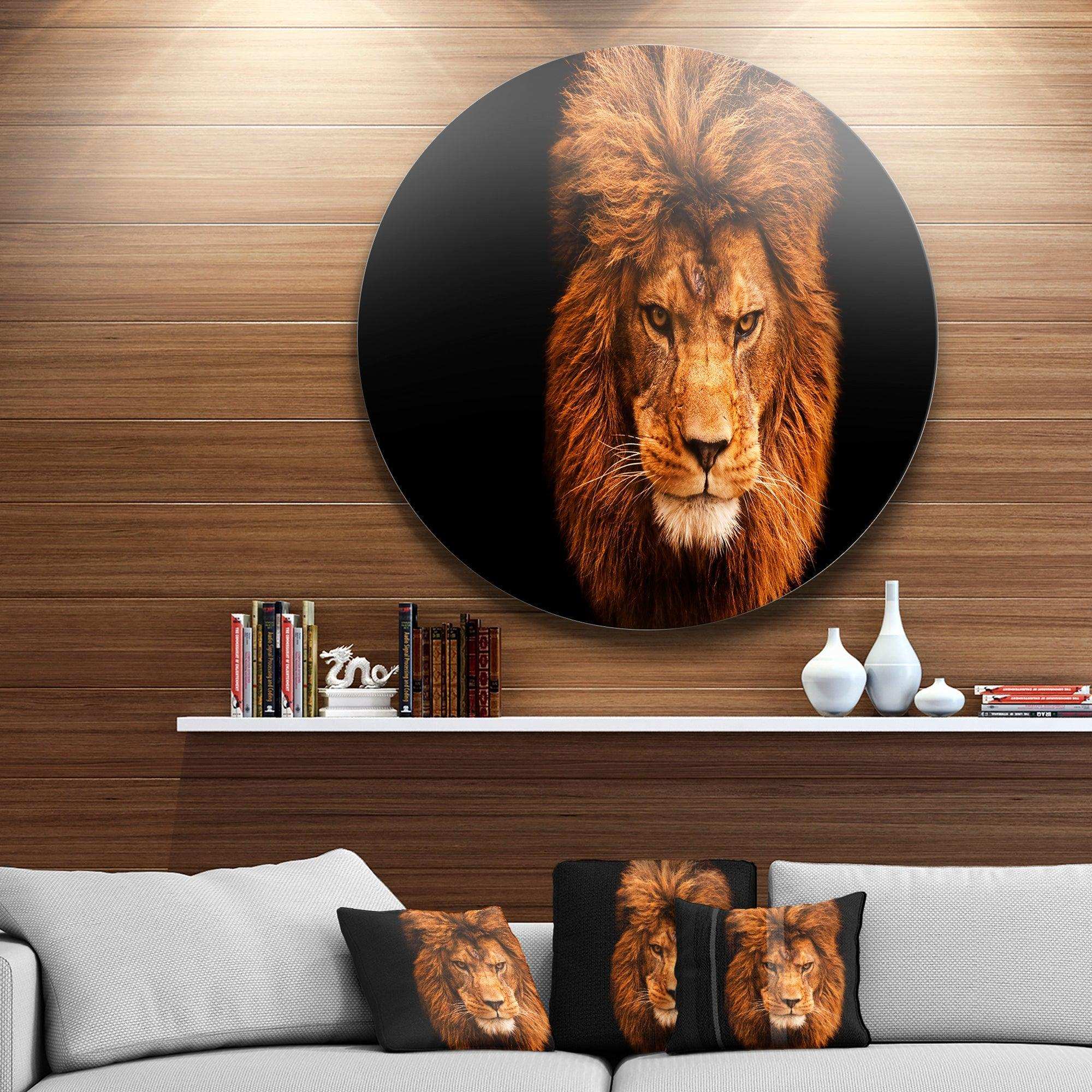 Face of Male Lion on Black - Animal Circle Metal Wall Decor