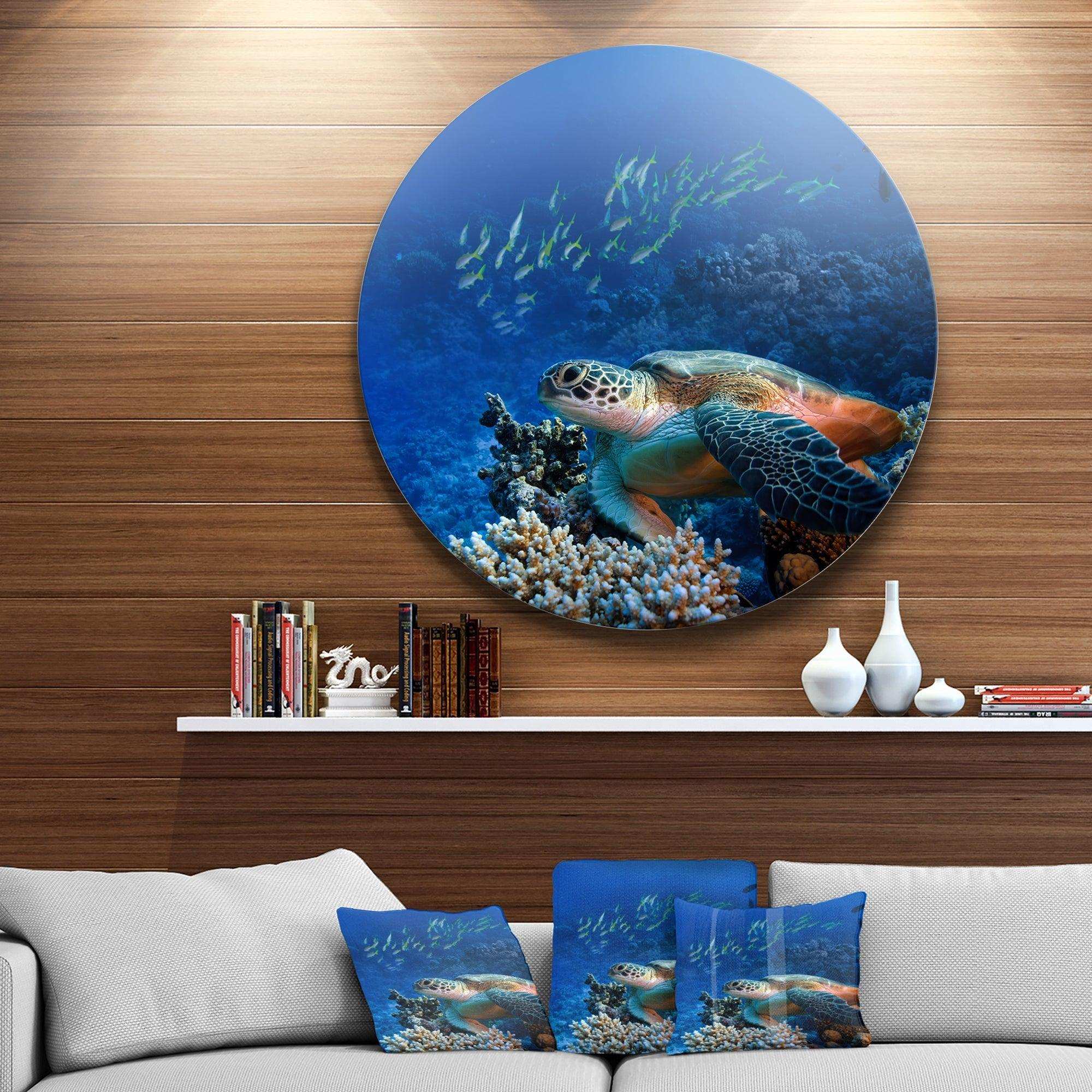 Large Sea Turtle underwater - Animal Circle Metal Wall Decor
