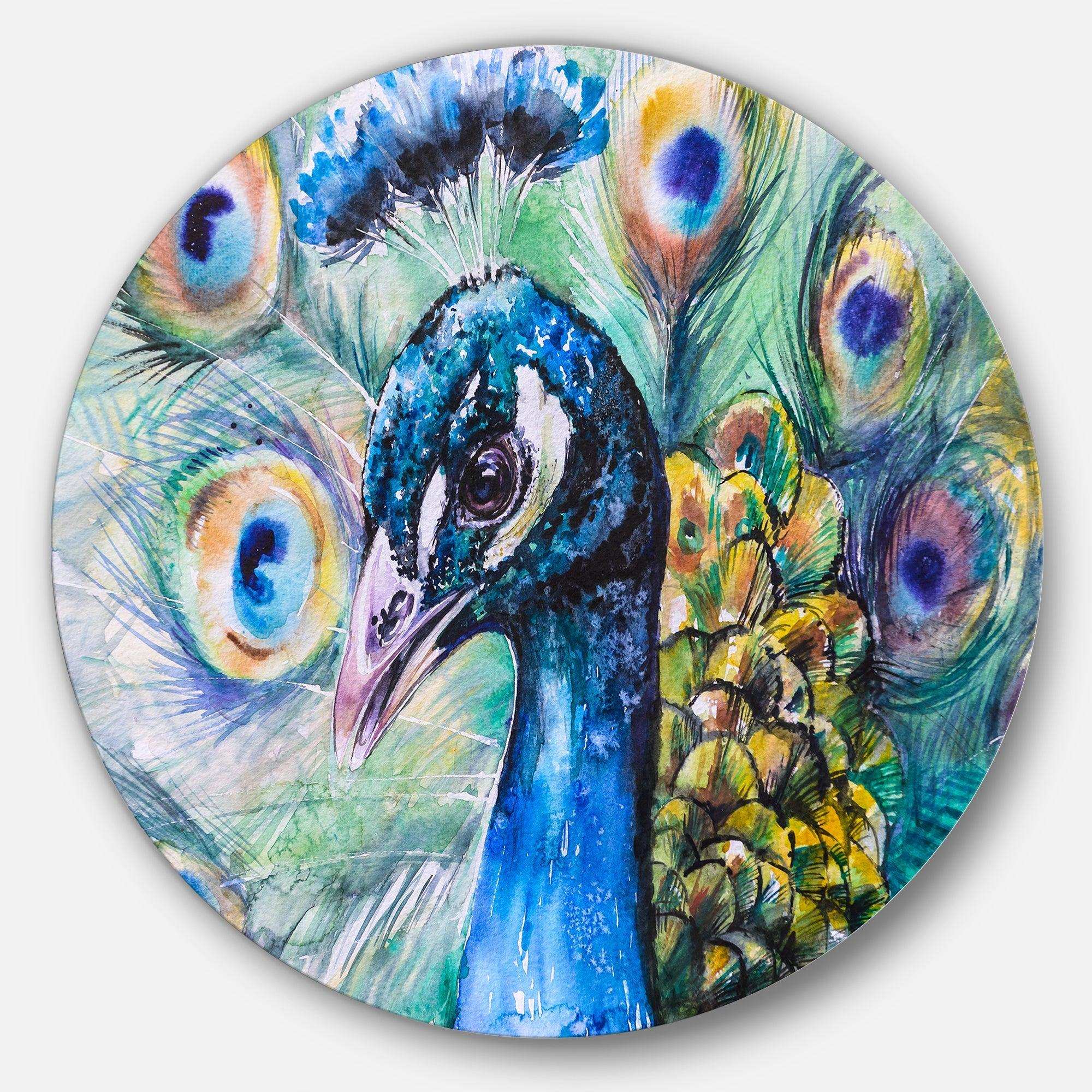 Beautiful Peacock Watercolor - Animal Circle Metal Wall Decor