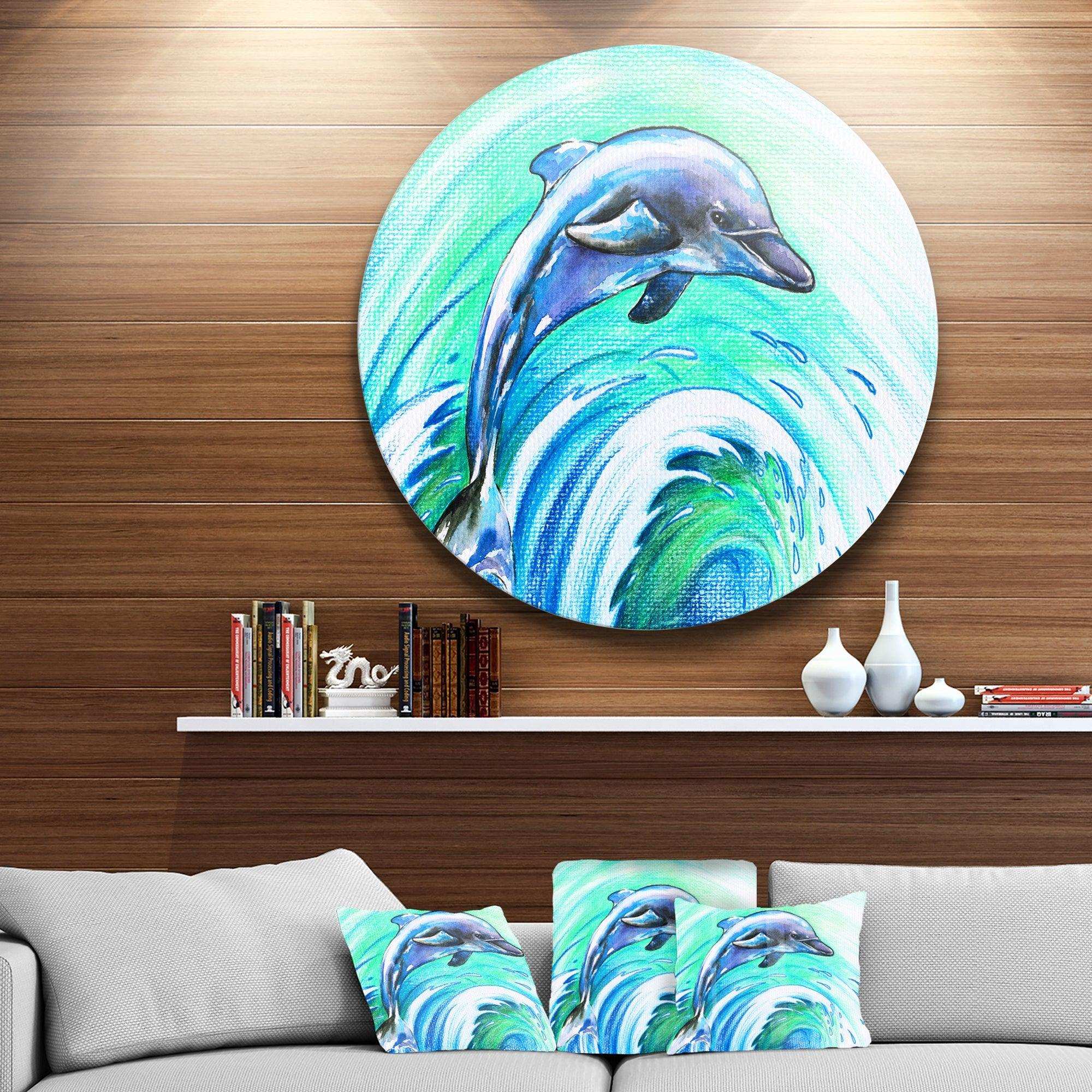 Jumping Dolphin Watercolor - Animal Round Metal Wall Art