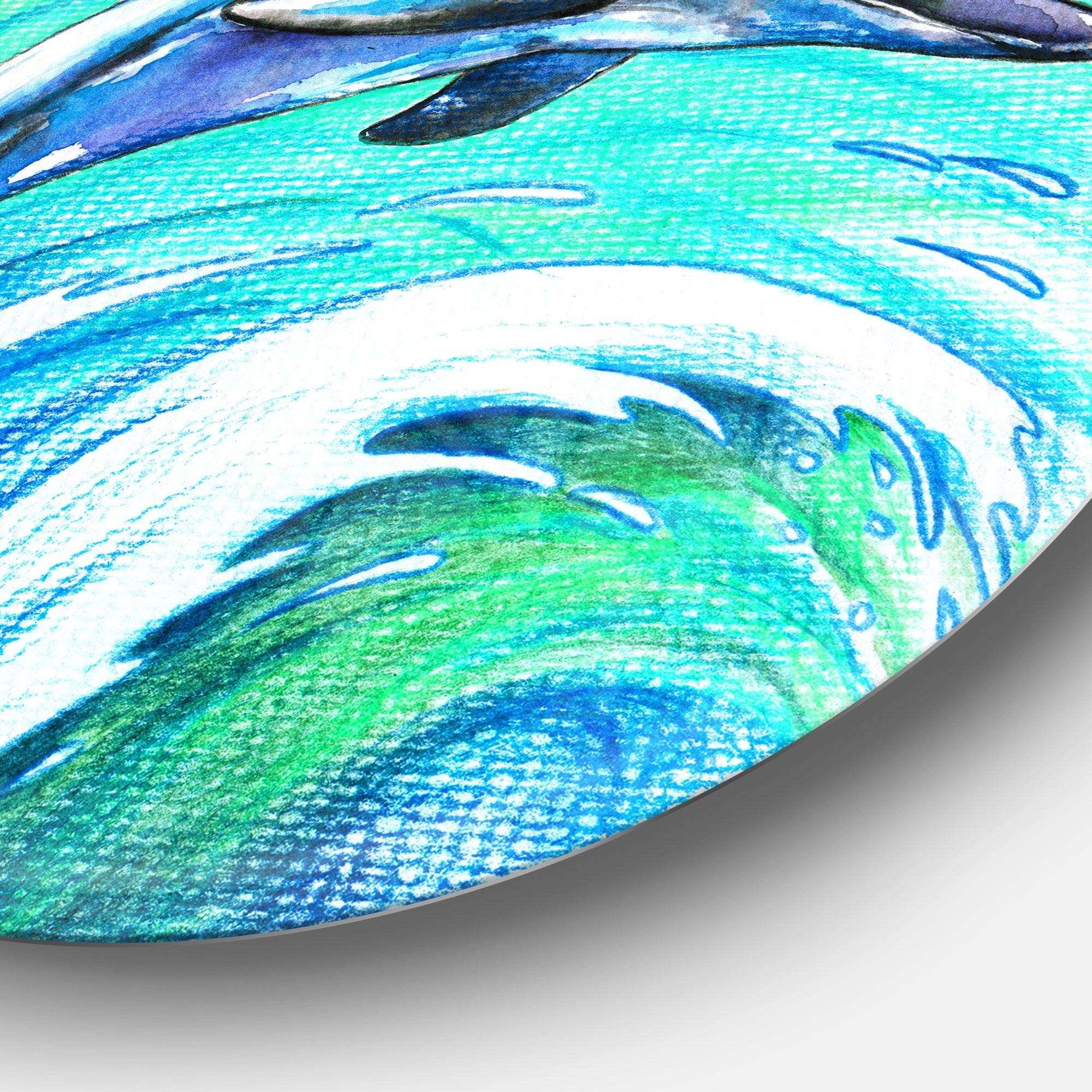 Jumping Dolphin Watercolor - Animal Round Metal Wall Art