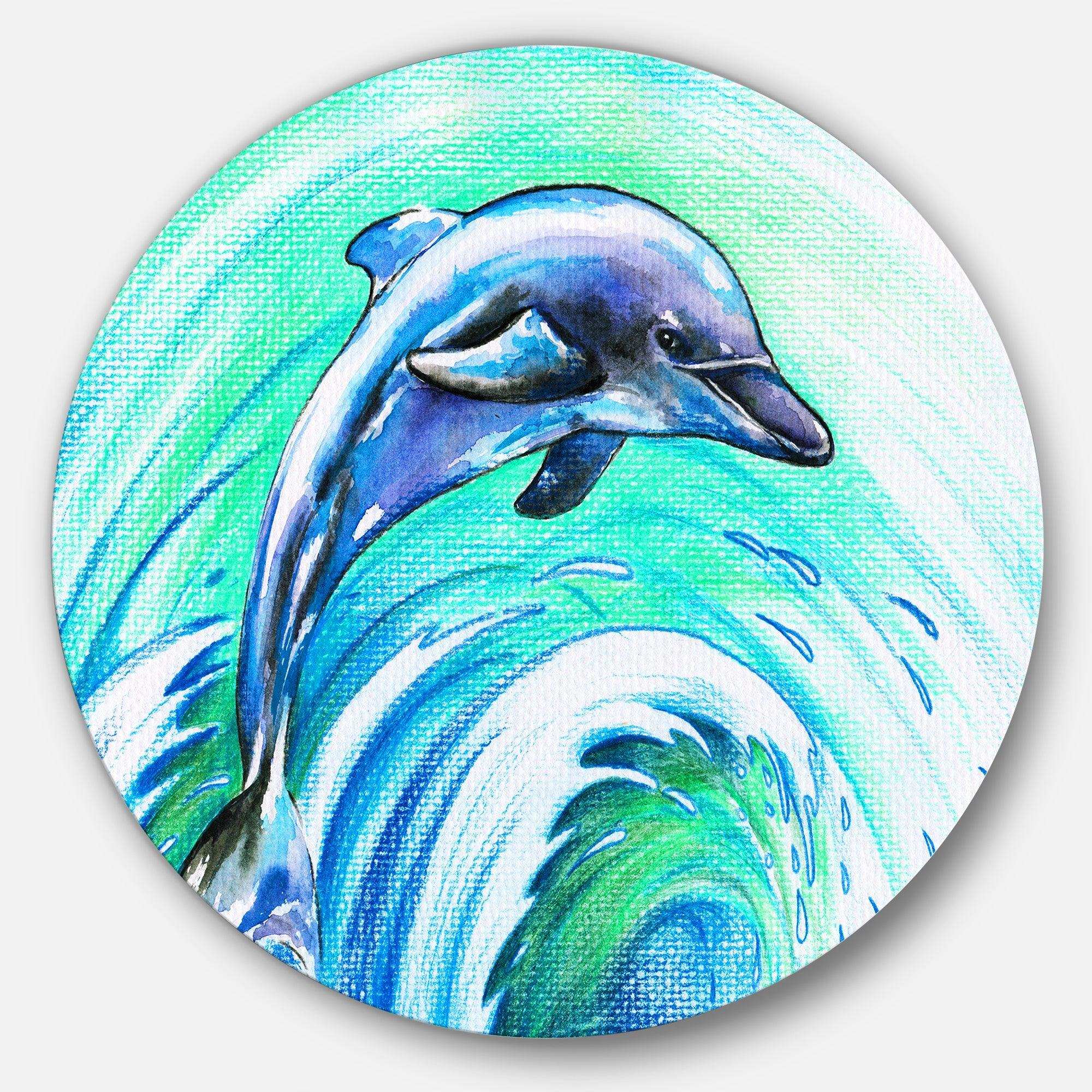 Jumping Dolphin Watercolor - Animal Round Metal Wall Art