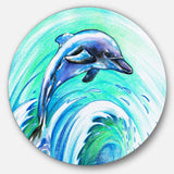 Jumping Dolphin Watercolor - Animal Round Metal Wall Art