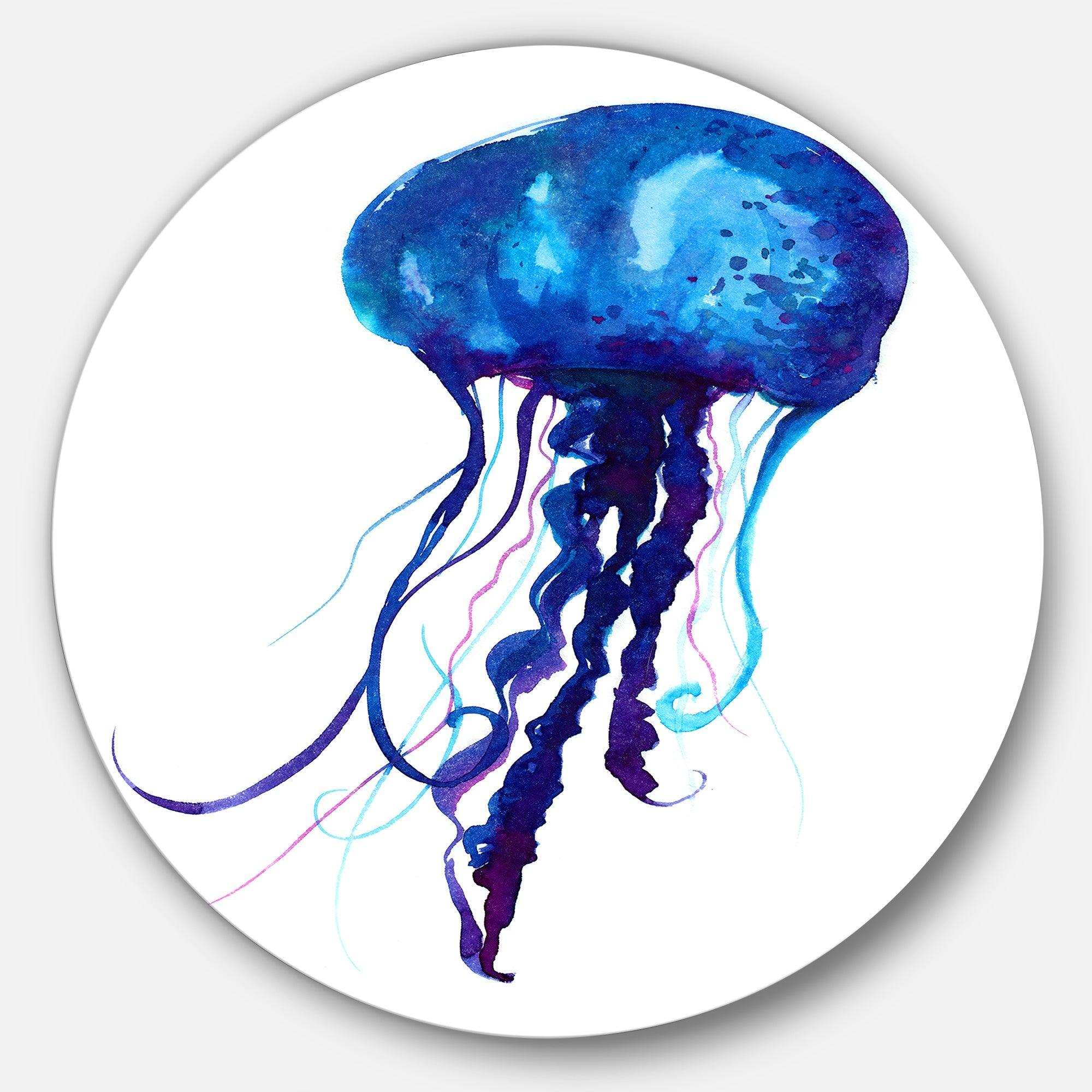 Dark Blue Jellyfish Watercolor - Animal Metal Circle Wall Art