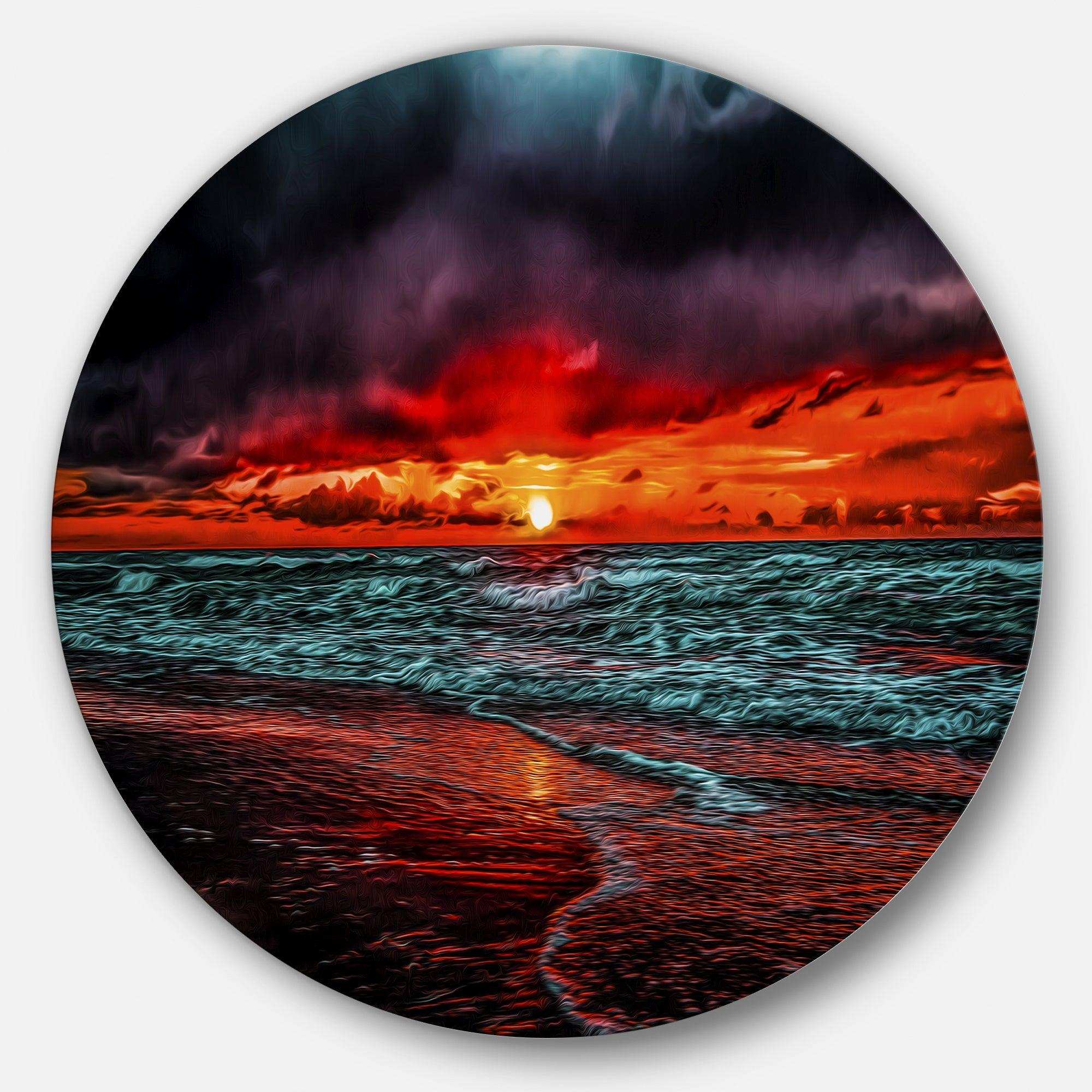 Red Sunset over Blue Waters - Sea & Shore Large Metal Circle Wall Art