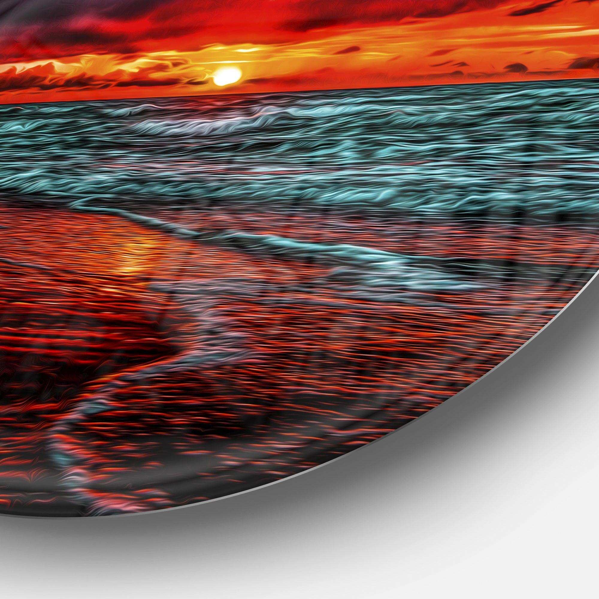 Red Sunset over Blue Waters - Sea & Shore Large Metal Circle Wall Art
