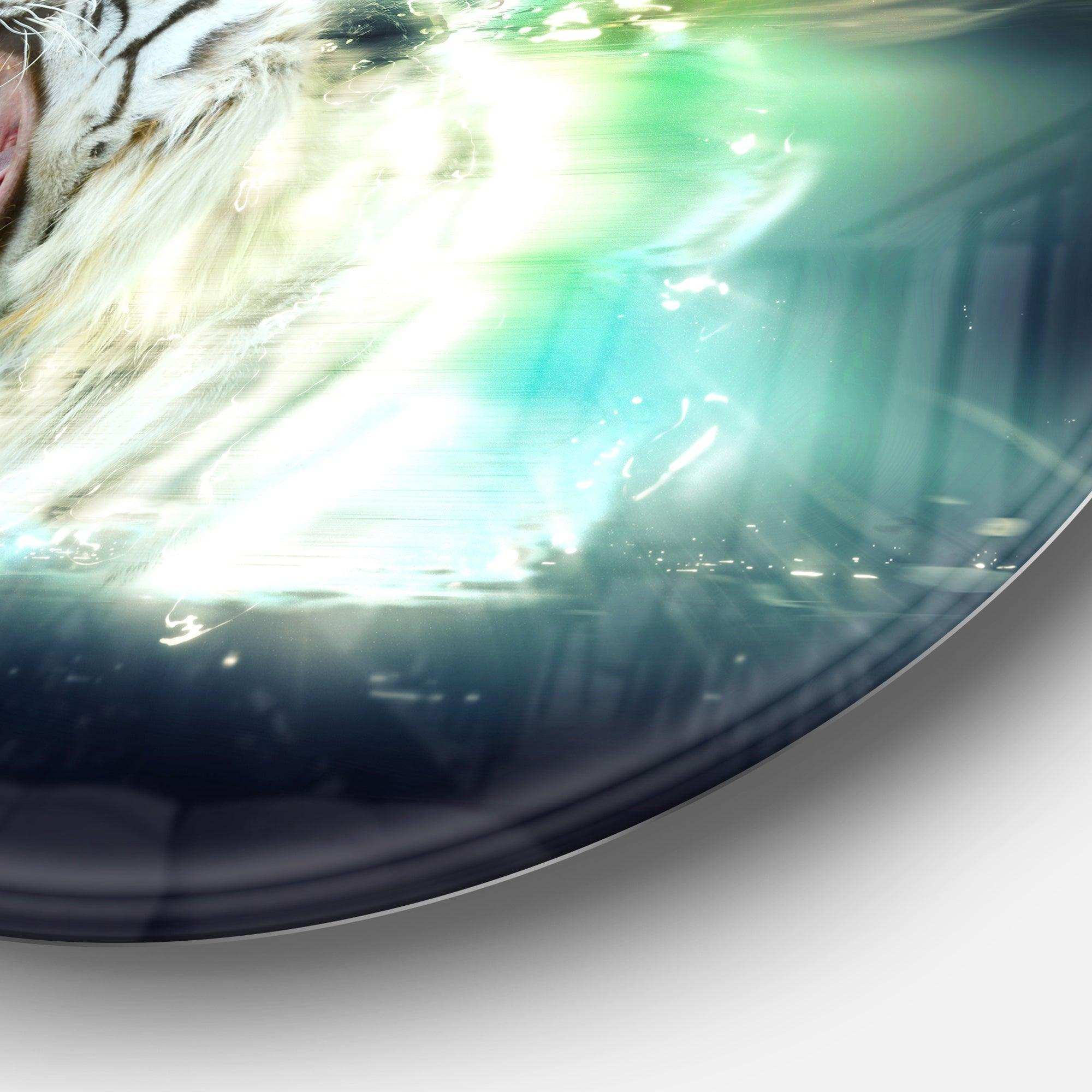 White Tiger with Open Jaws - Animal Metal Circle Wall Art