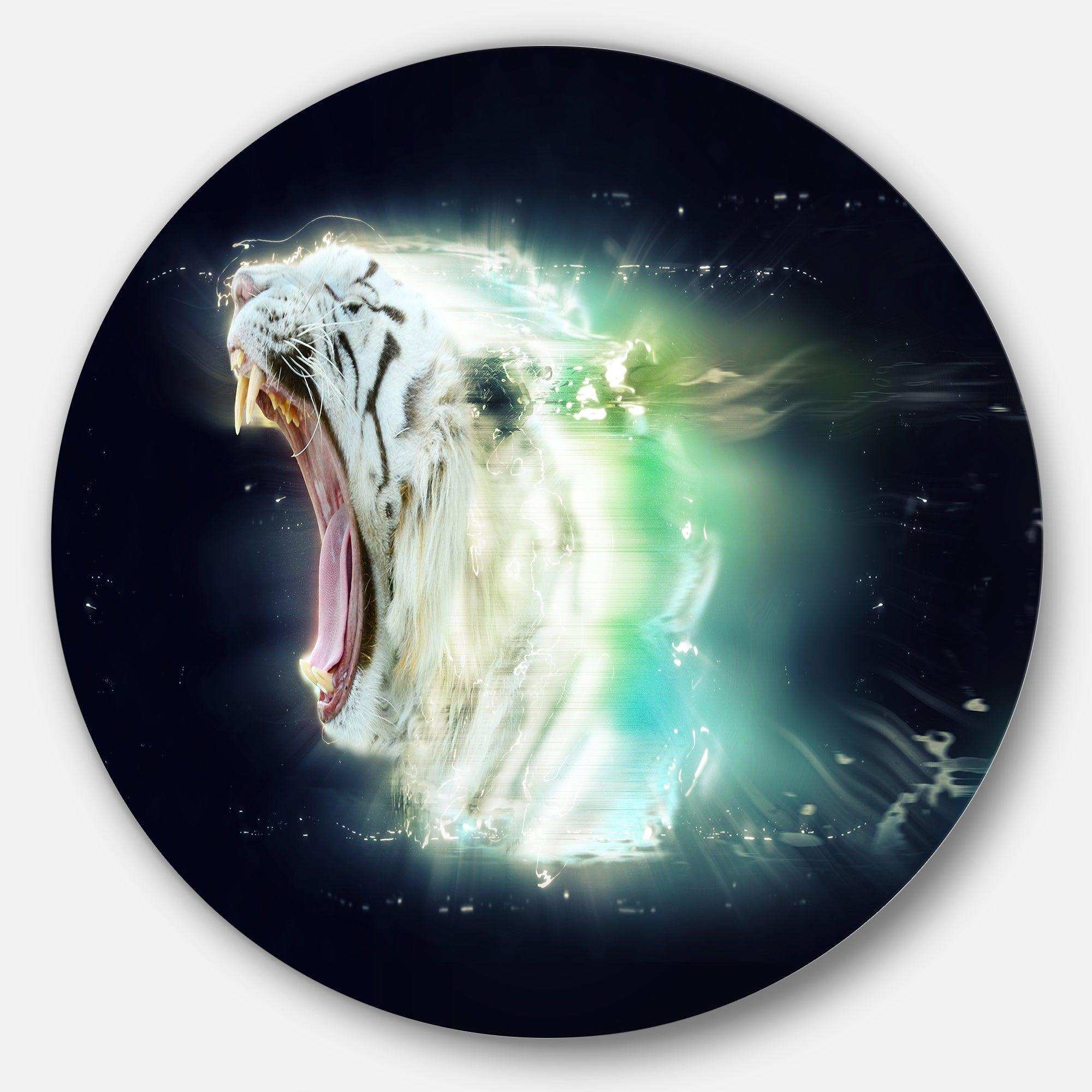 White Tiger with Open Jaws - Animal Metal Circle Wall Art