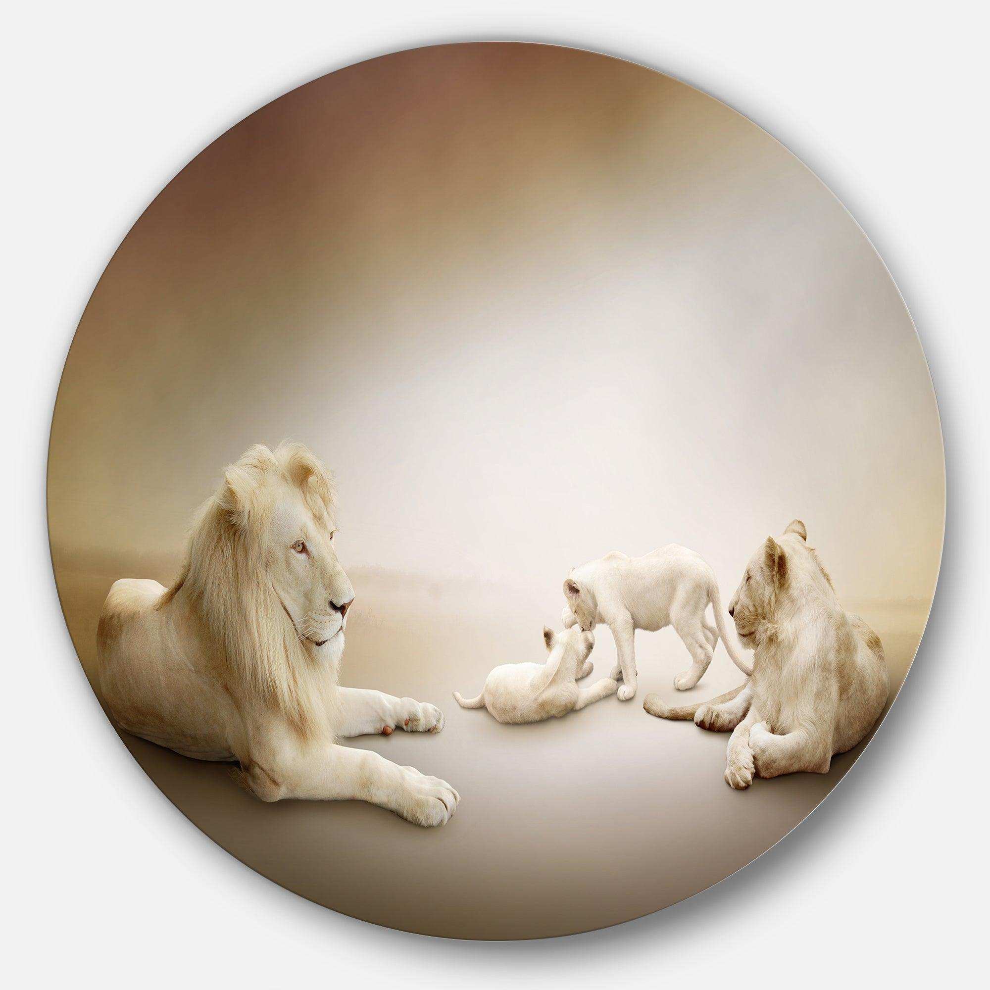 White Lion Family - Animal Round Metal Wall Art