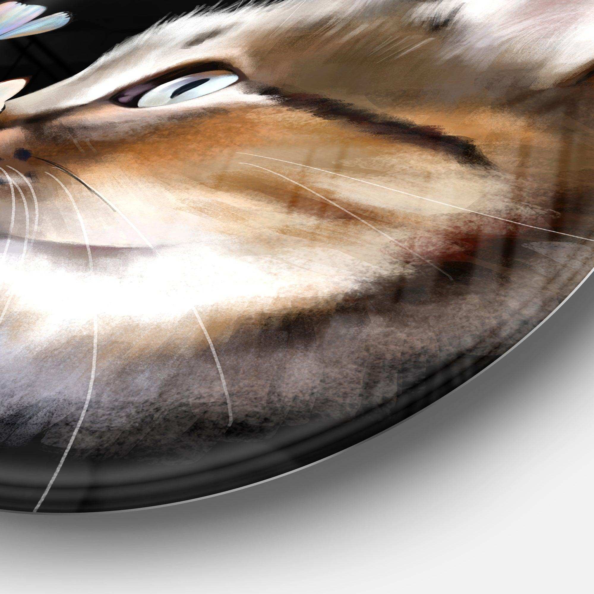 Cat with Butterflies on Black - Animal Circle Metal Wall Decor