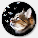 Cat with Butterflies on Black - Animal Circle Metal Wall Decor