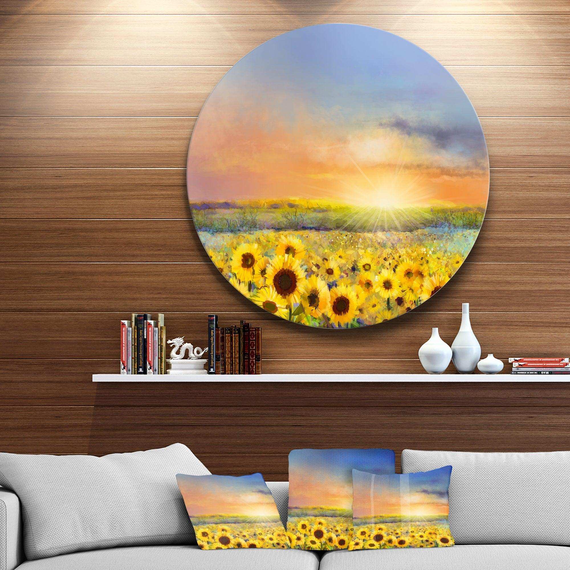 Sunset over Golden Sunflower Field - Floral Metal Circle Wall Art