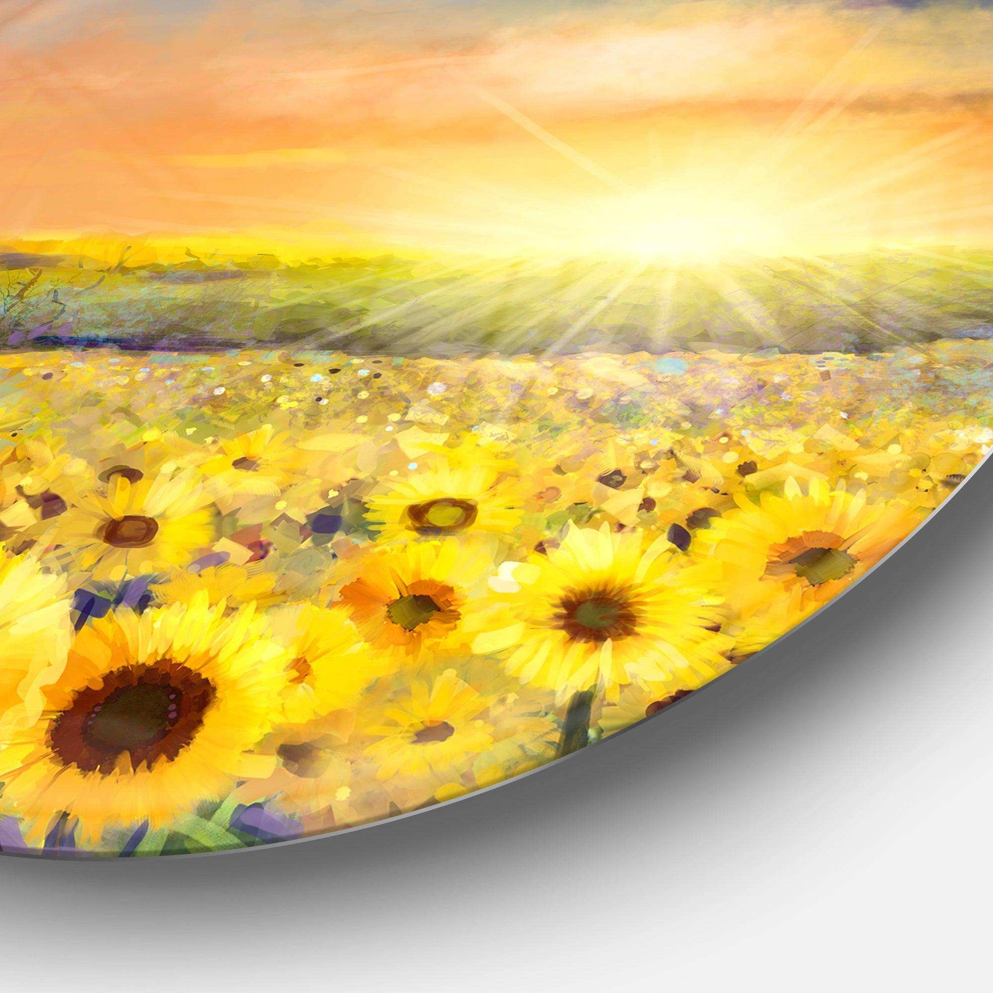 Sunset over Golden Sunflower Field - Floral Metal Circle Wall Art