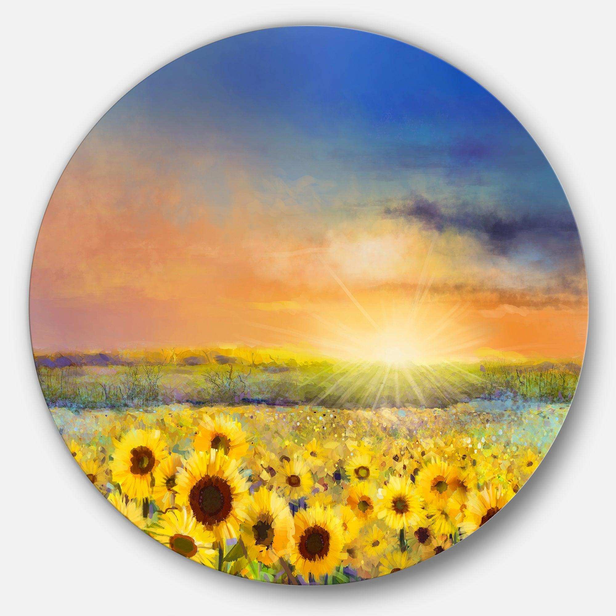 Sunset over Golden Sunflower Field - Floral Metal Circle Wall Art