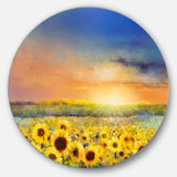 Sunset over Golden Sunflower Field - Floral Metal Circle Wall Art