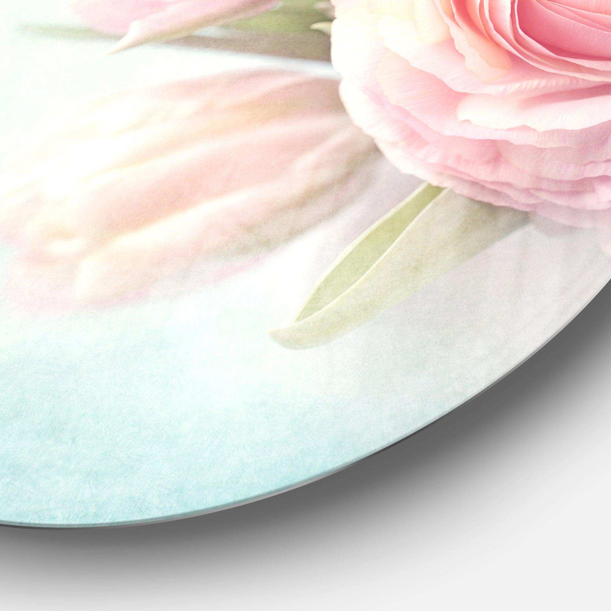 Pink Flowers against Blue Background - Floral Round Metal Wall Art