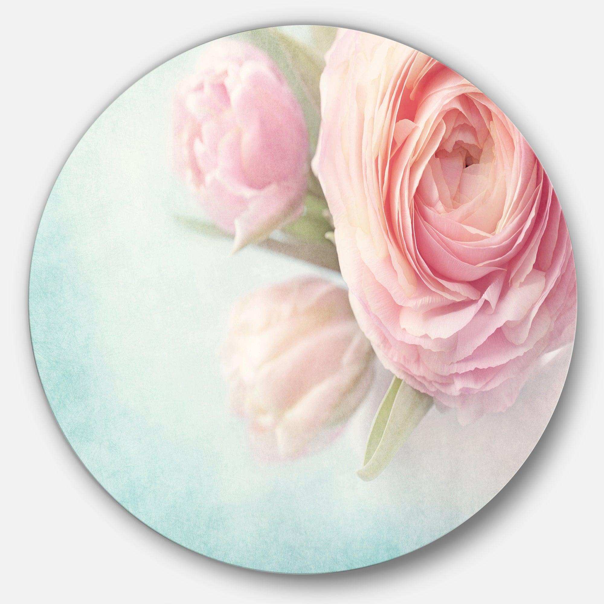 Pink Flowers against Blue Background - Floral Round Metal Wall Art