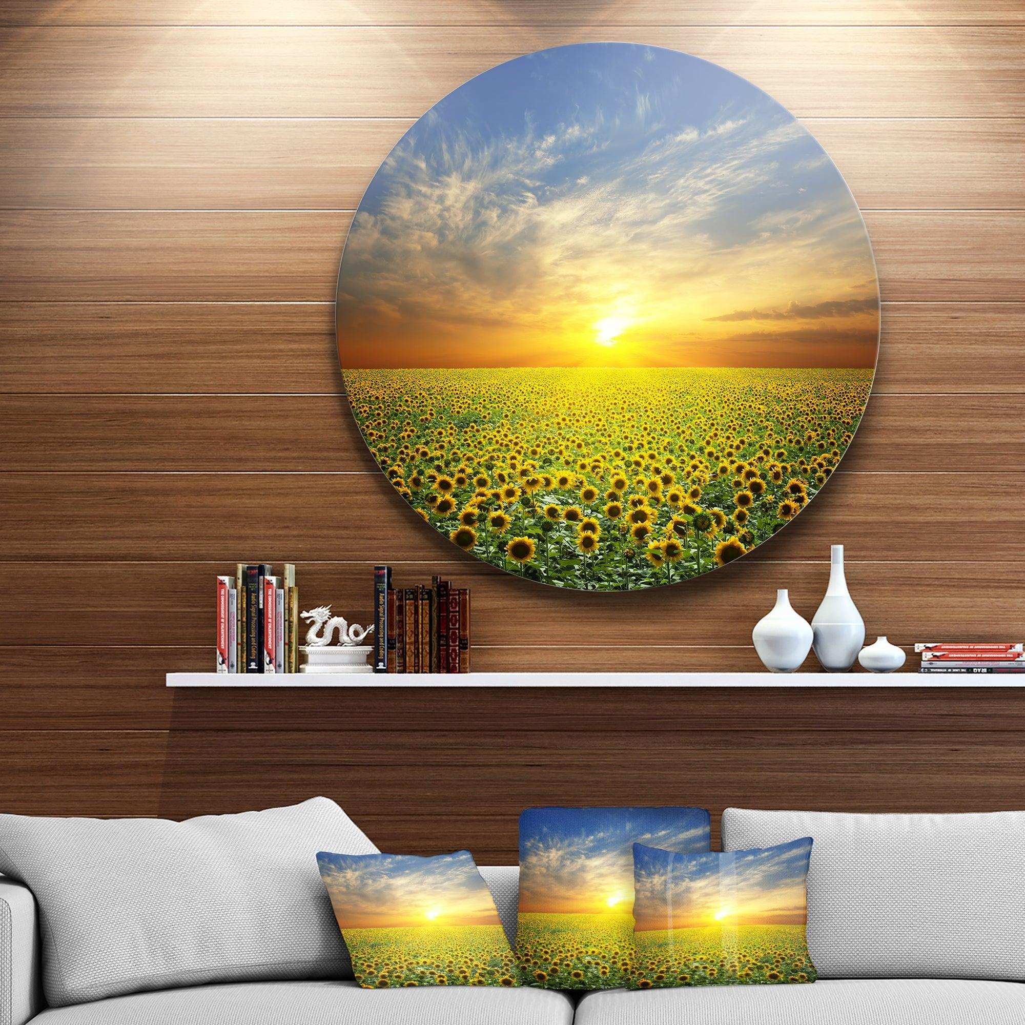 Beauty Sunset over Sunflowers Field - Floral Circle Metal Wall Decor