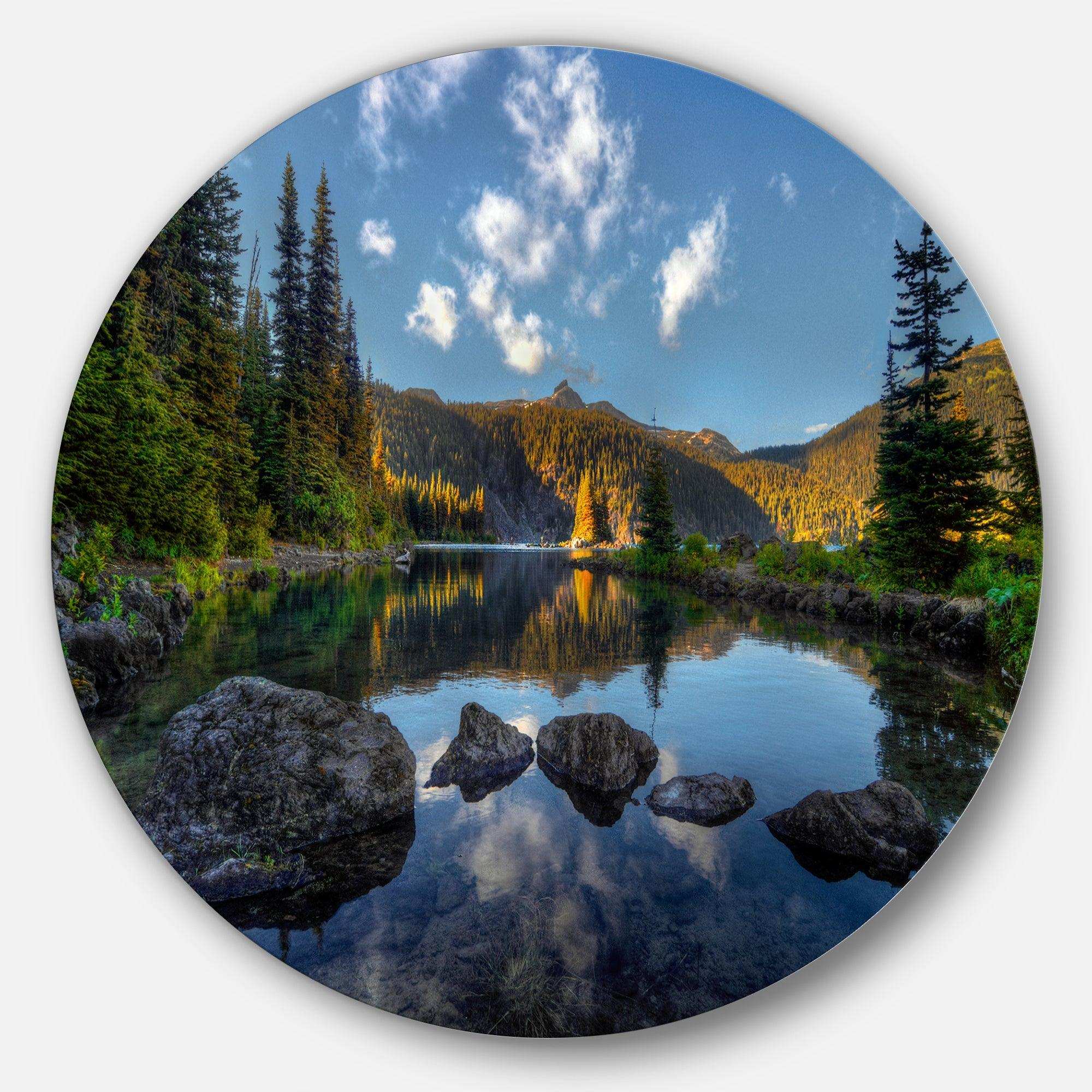 Mountain Lake Surrounded by Trees - Landscape Circle Metal Wall Decor