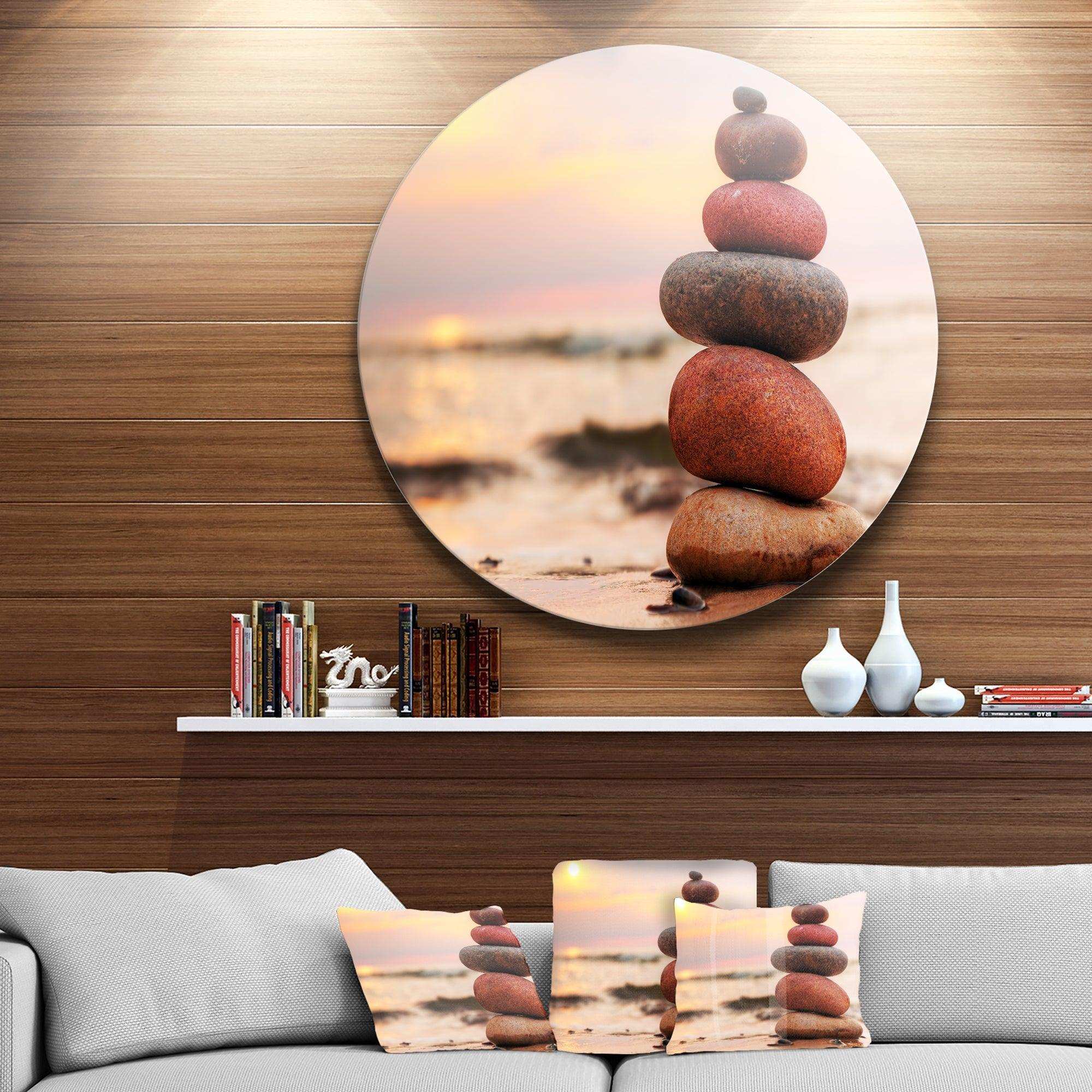 Stones Pyramid on Sand Symbolizing Zen - Landscape Round Metal Wall Art