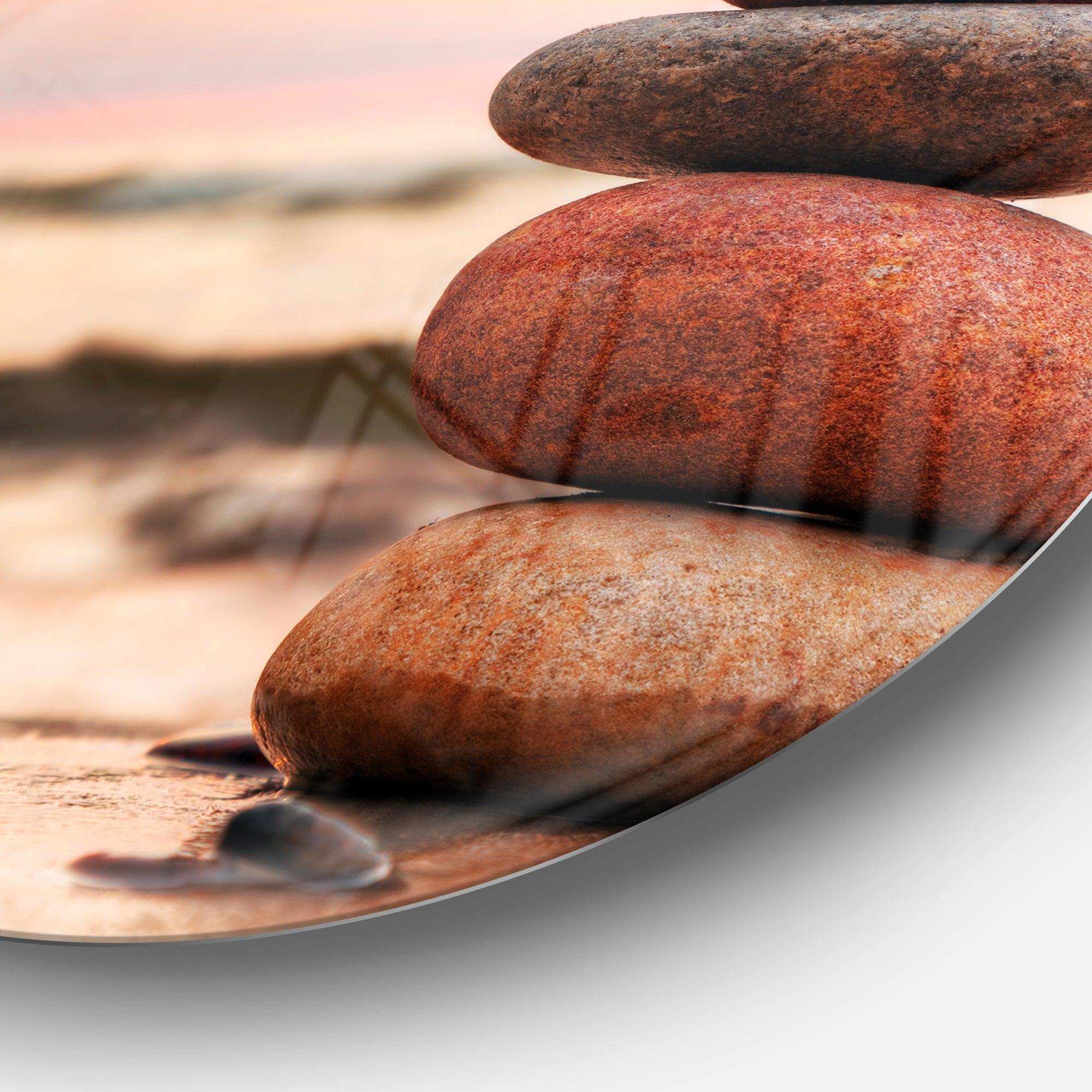 Stones Pyramid on Sand Symbolizing Zen - Landscape Round Metal Wall Art