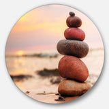 Stones Pyramid on Sand Symbolizing Zen - Landscape Round Metal Wall Art