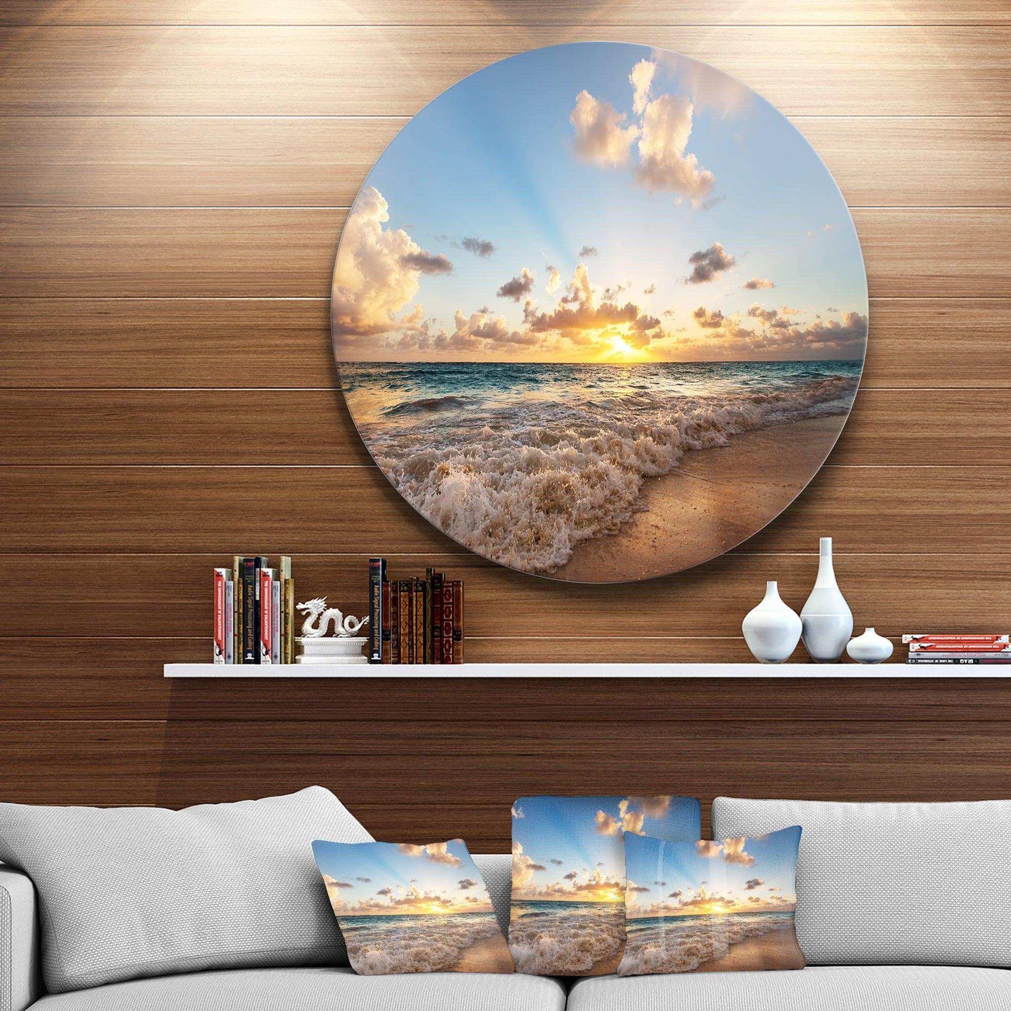 Sunrise on Beach of Caribbean Sea - Sea & Shore Large Metal Circle Wall Art