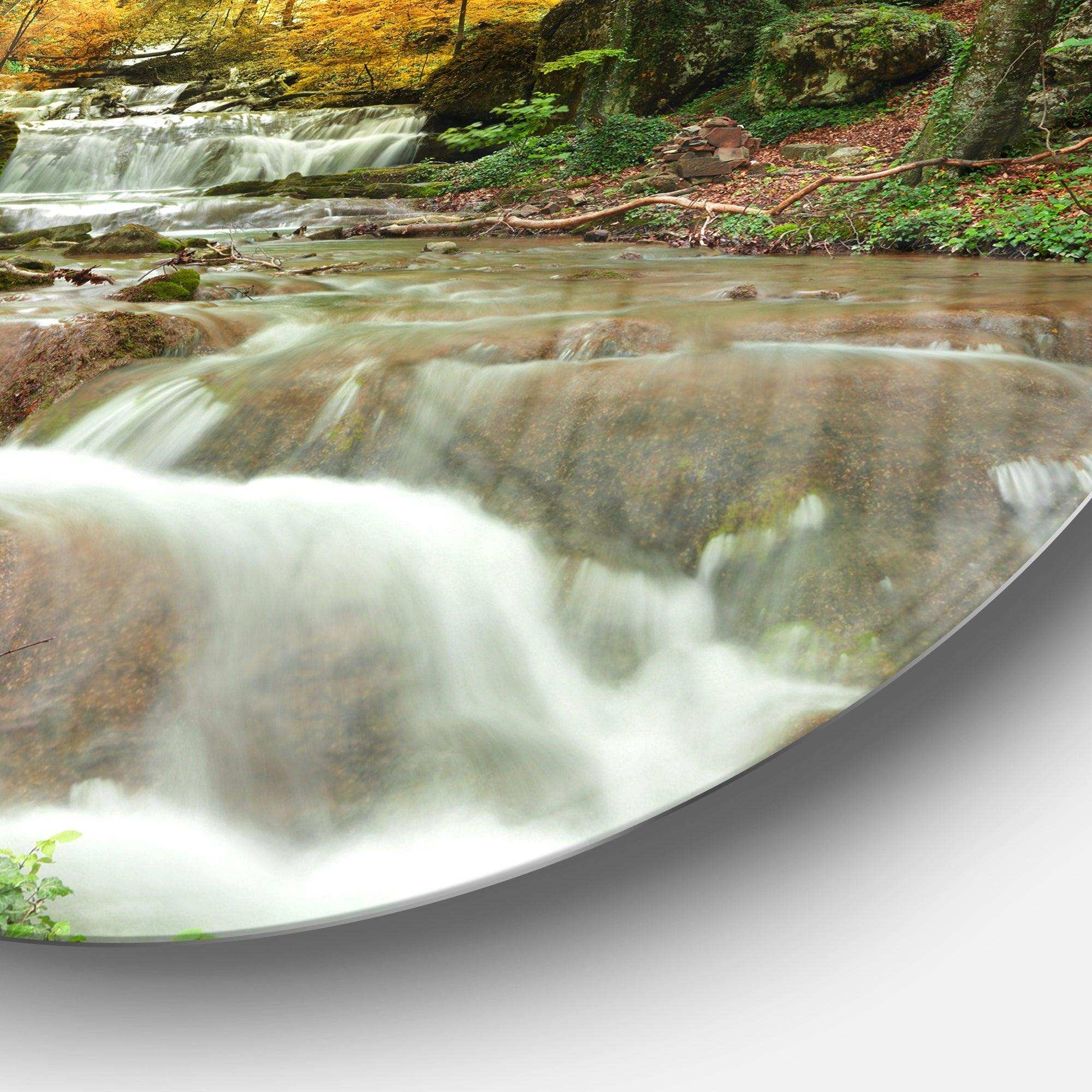 Forest Waterfall with Yellow Trees - Landscape Circle Metal Wall Decor