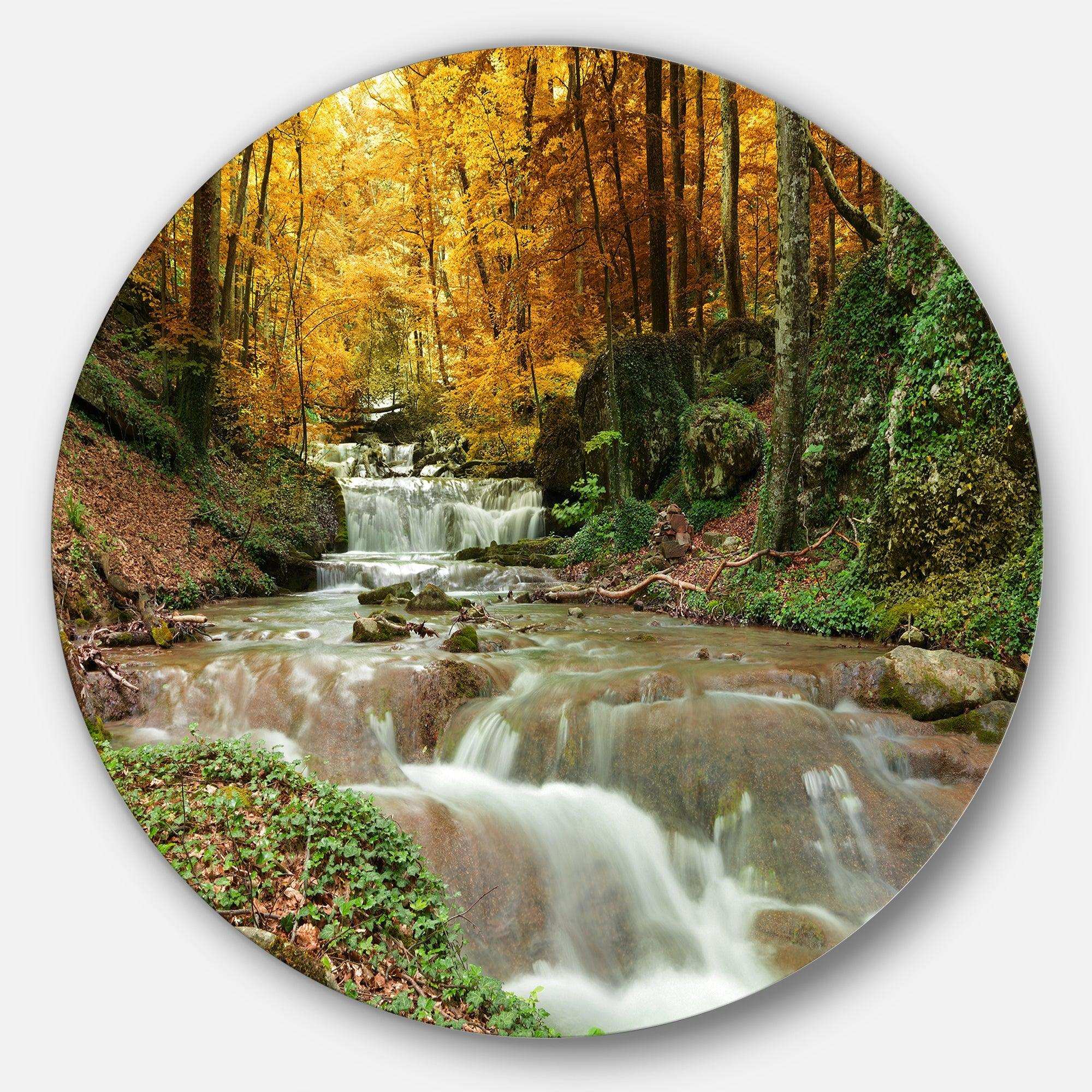 Forest Waterfall with Yellow Trees - Landscape Circle Metal Wall Decor