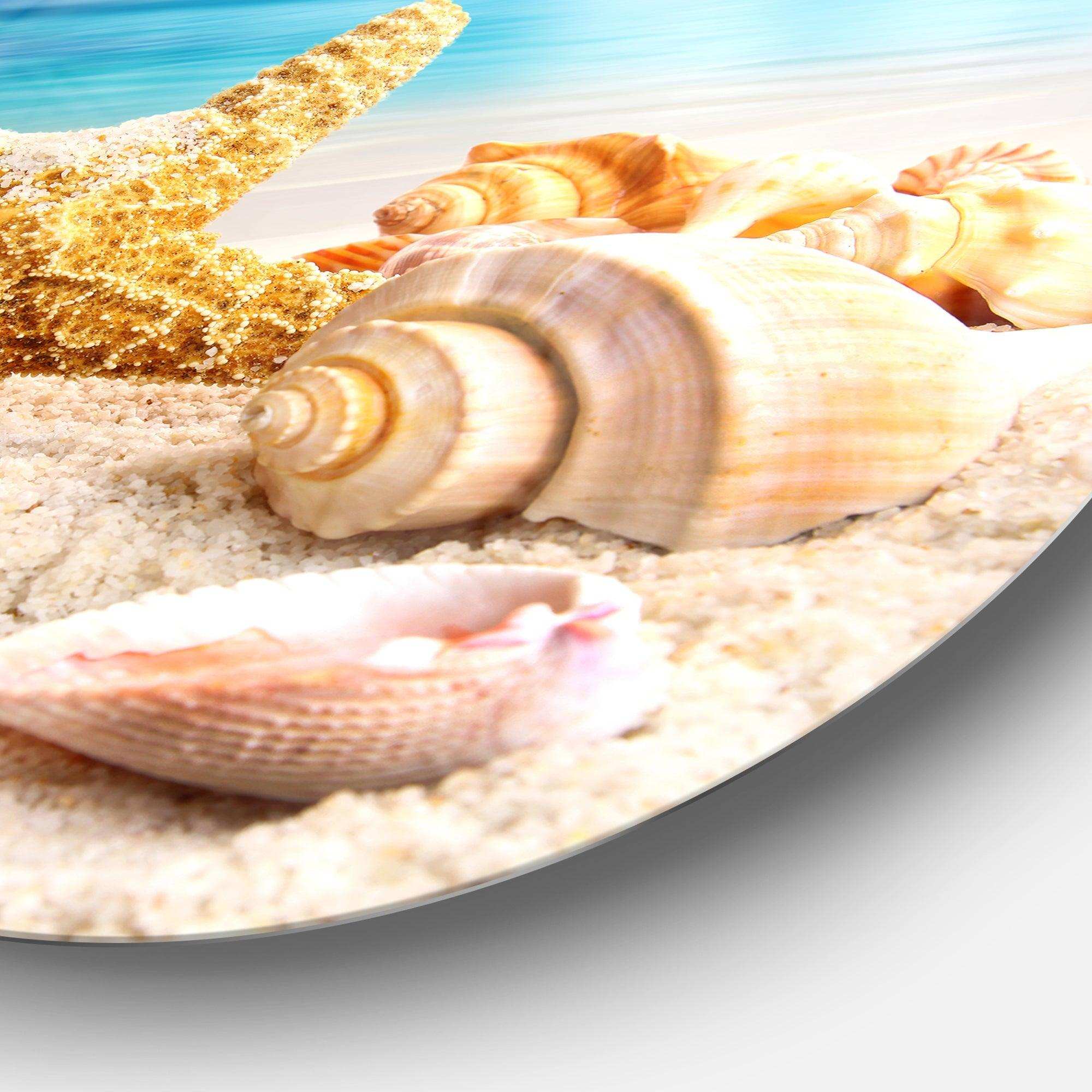 Starfish and Seashells on Beach - Animal Metal Circle Wall Art