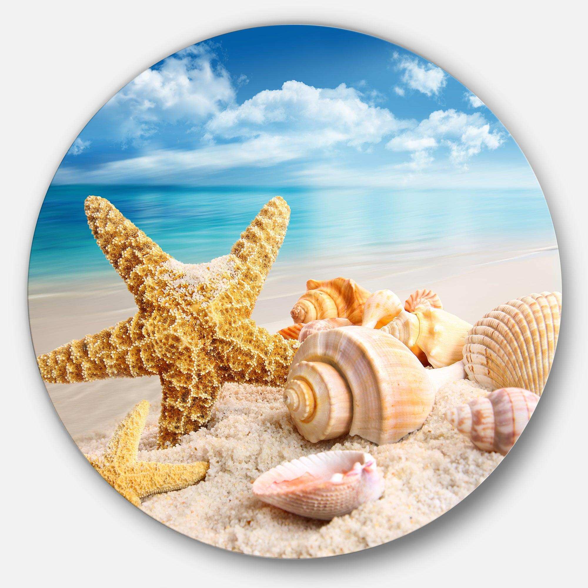 Starfish and Seashells on Beach - Animal Metal Circle Wall Art