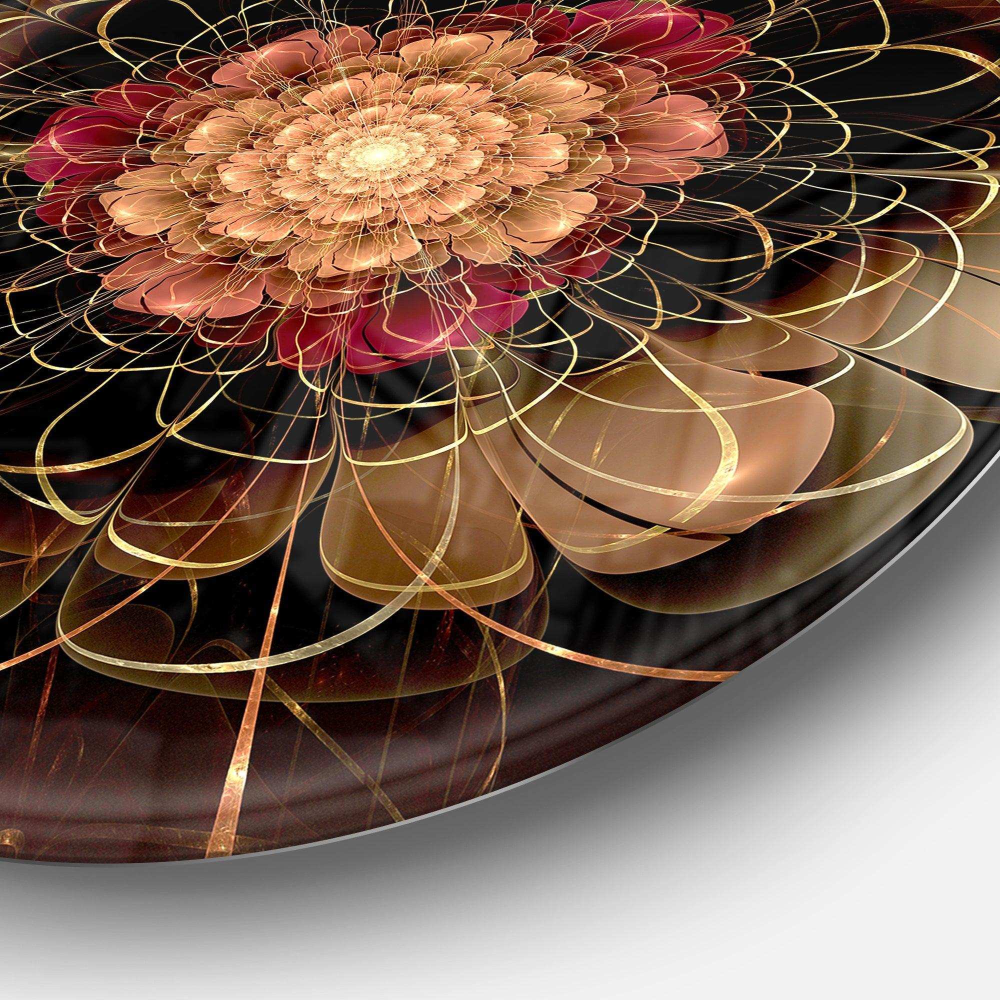 Dark Gold Red Fractal Flower Pattern - Floral Metal Circle Wall Art