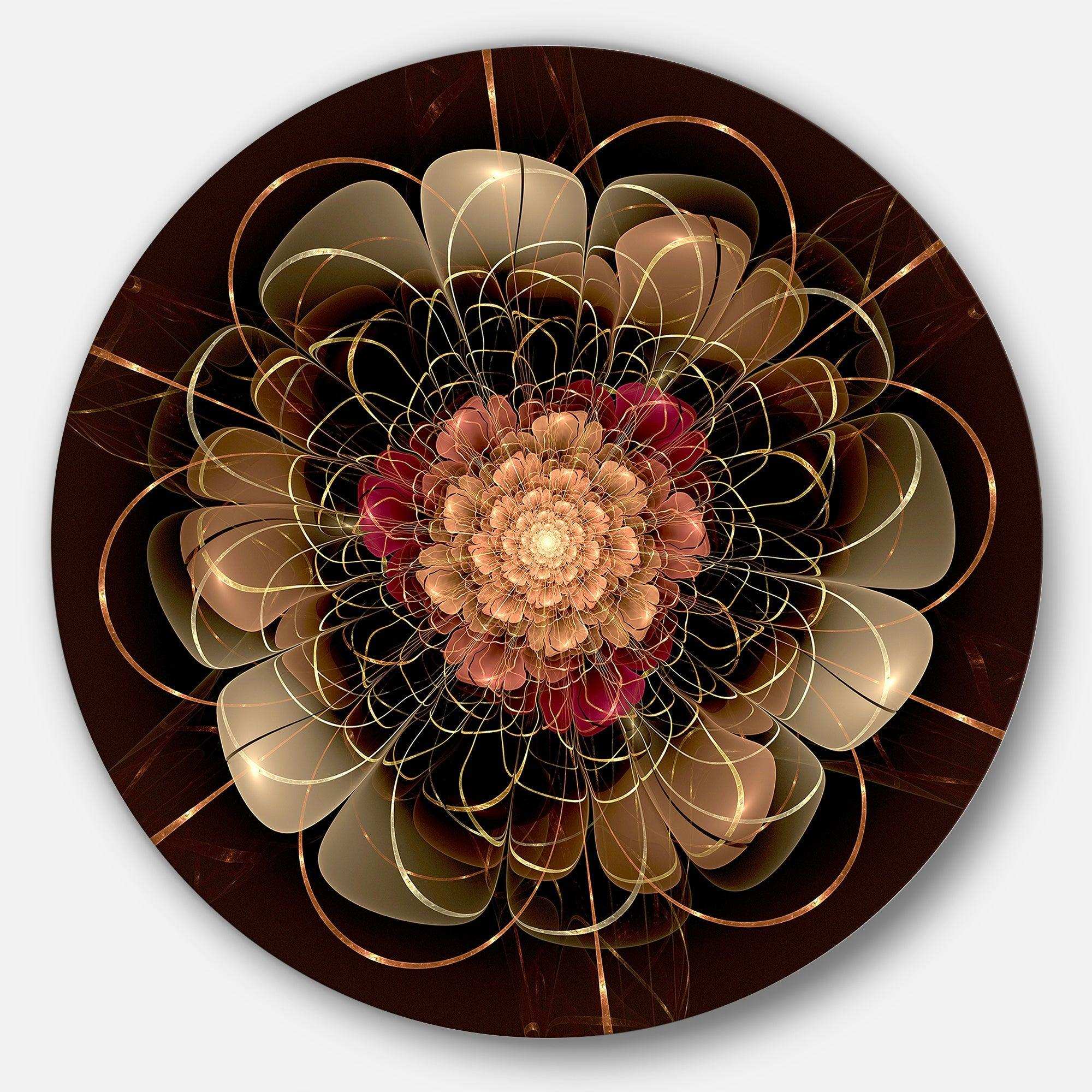 Dark Gold Red Fractal Flower Pattern - Floral Metal Circle Wall Art