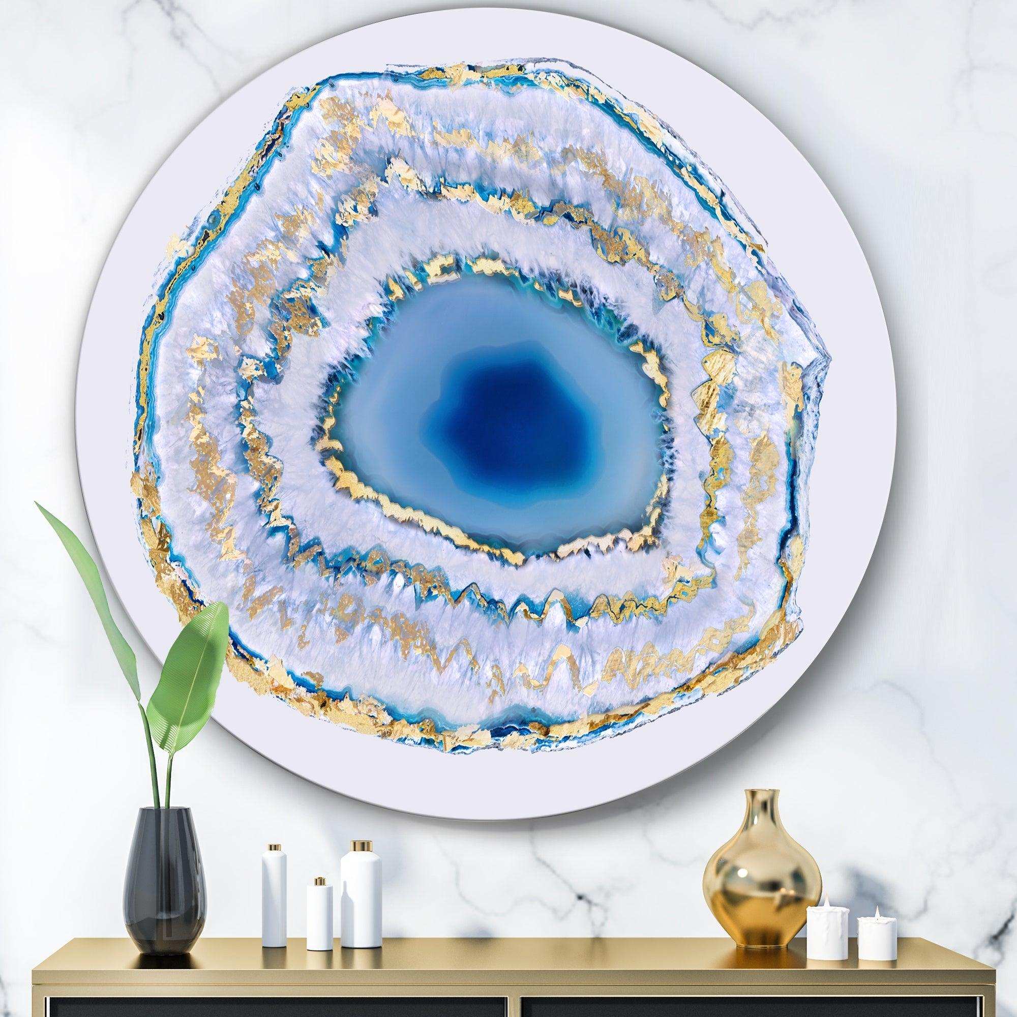 Golden Blue Agate - Abstract Metal Circle Wall Art