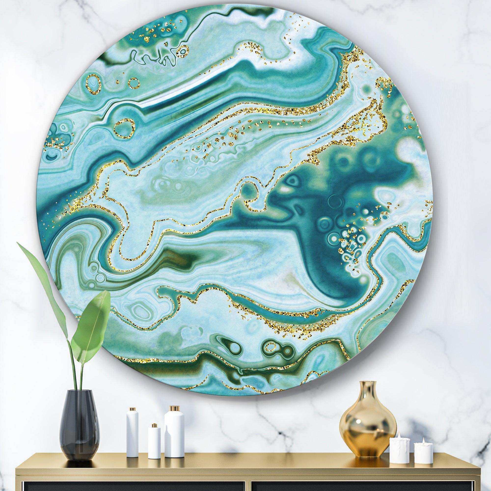 Ocean Blue Golden Marble - Abstract Circle Metal Wall Decor