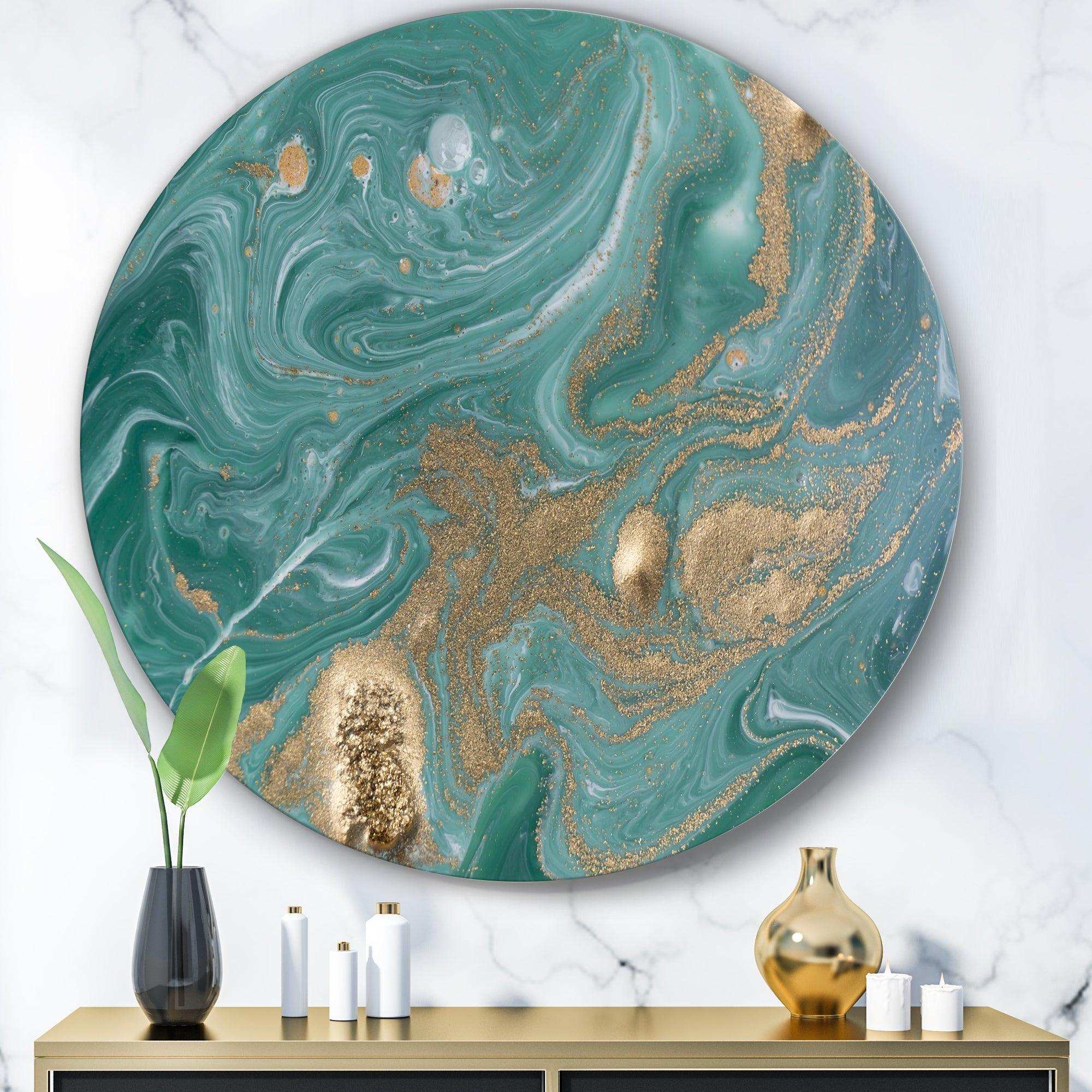 Nature Green and Gold Marble - Abstract Metal Circle Wall Art