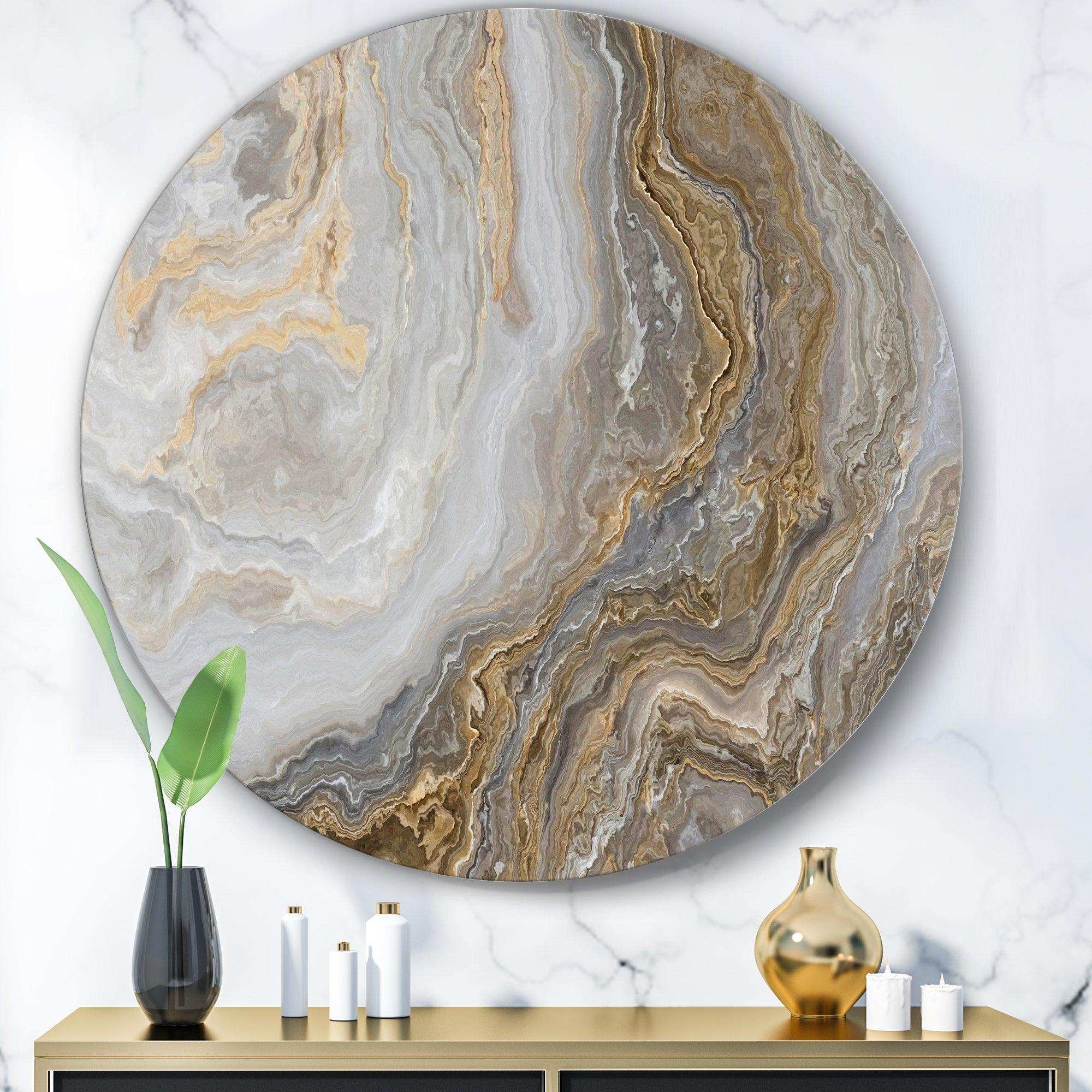 White Marble with Curley Grey and Gold Veins - Abstract Circle Metal Wall Decor