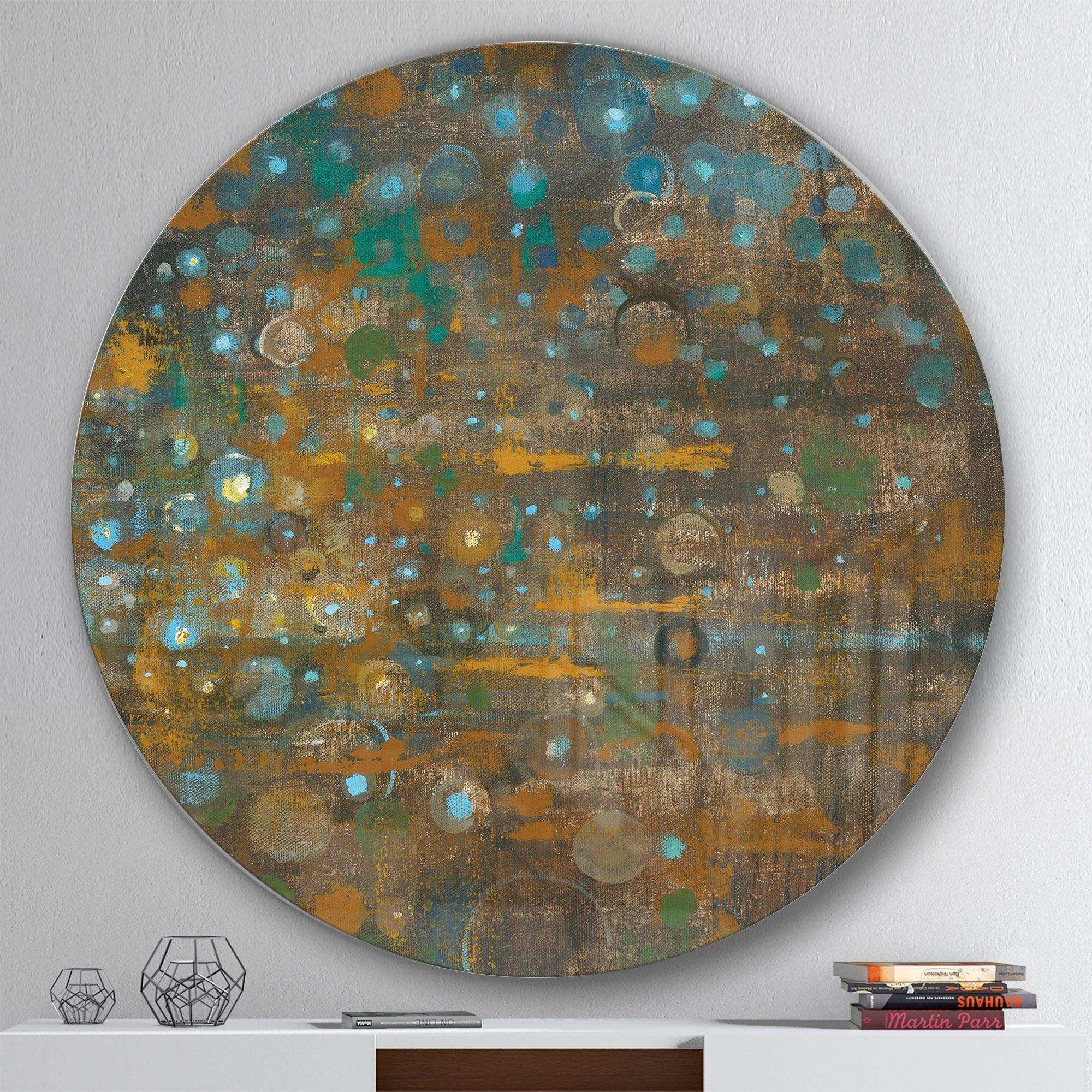 Blue and Bronze Dots on Glass IV - Abstract Metal Circle Wall Art