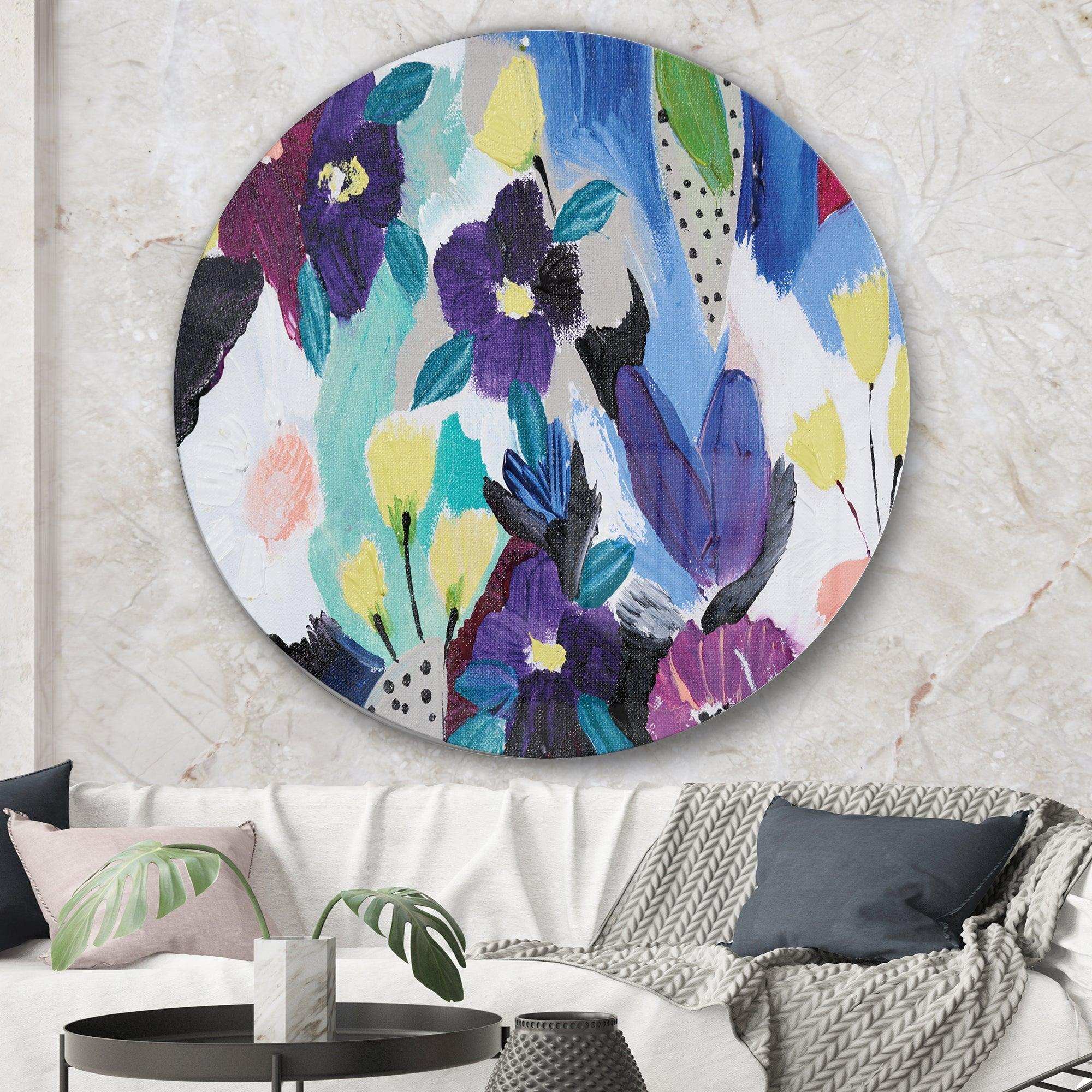 Blue and Purple Flower Composition I - Floral Metal Circle Wall Art