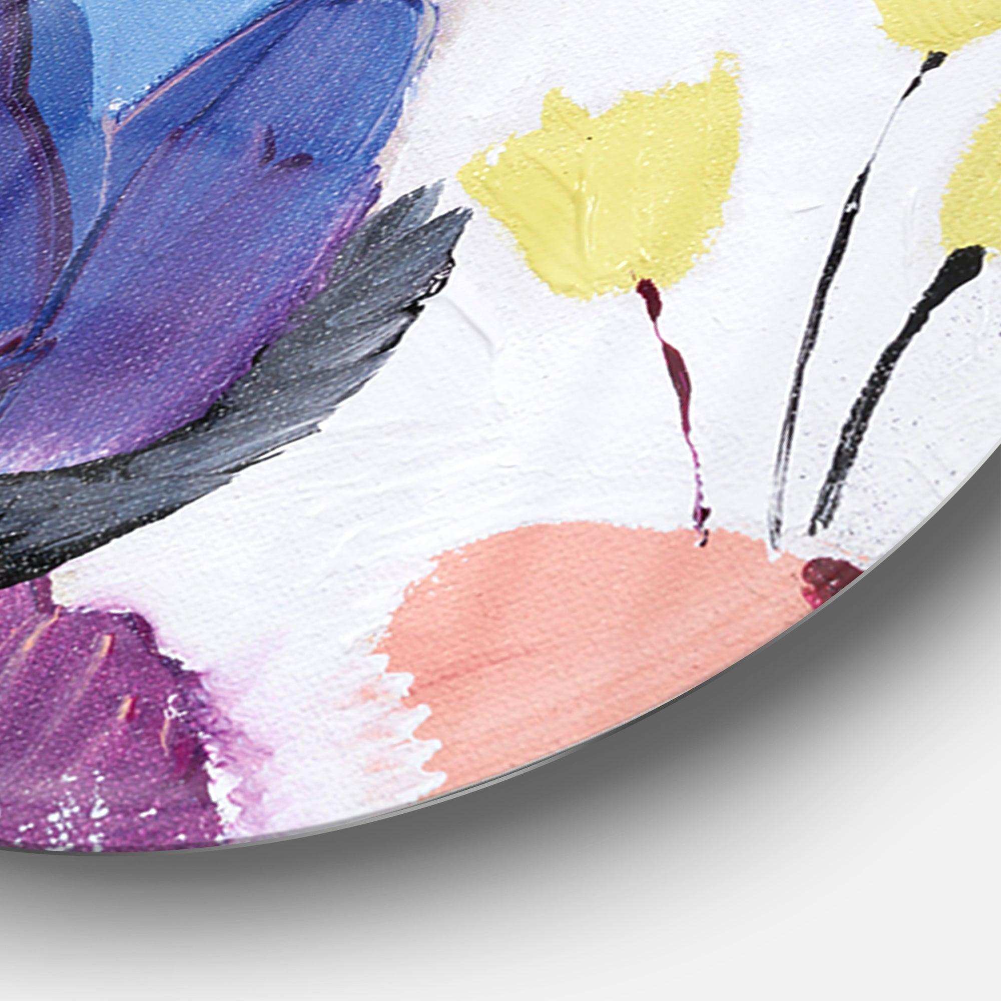 Blue and Purple Flower Composition I - Floral Metal Circle Wall Art