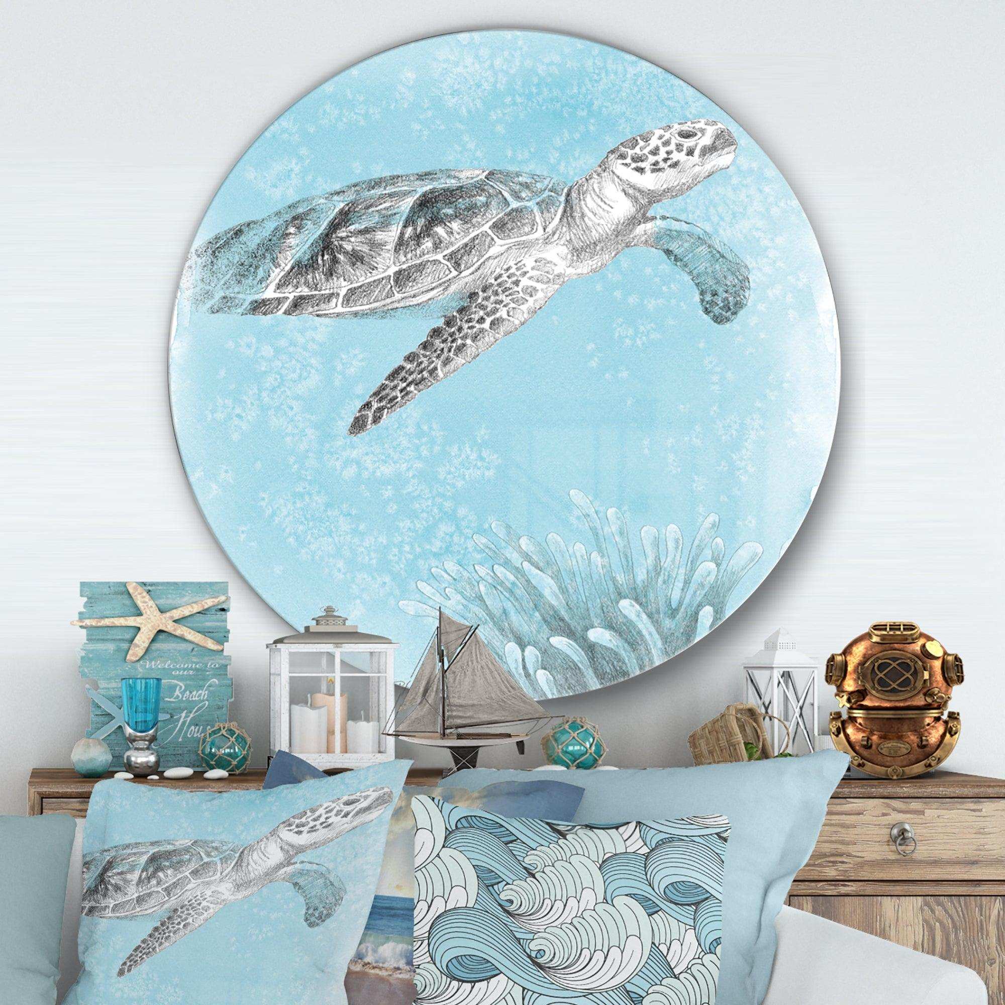 Coastal Sea Life I Turtle sketches - Animal Metal Circle Wall Art