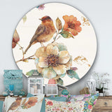 Farmhouse Bird on Flower Branch - Animal Round Metal Wall Art