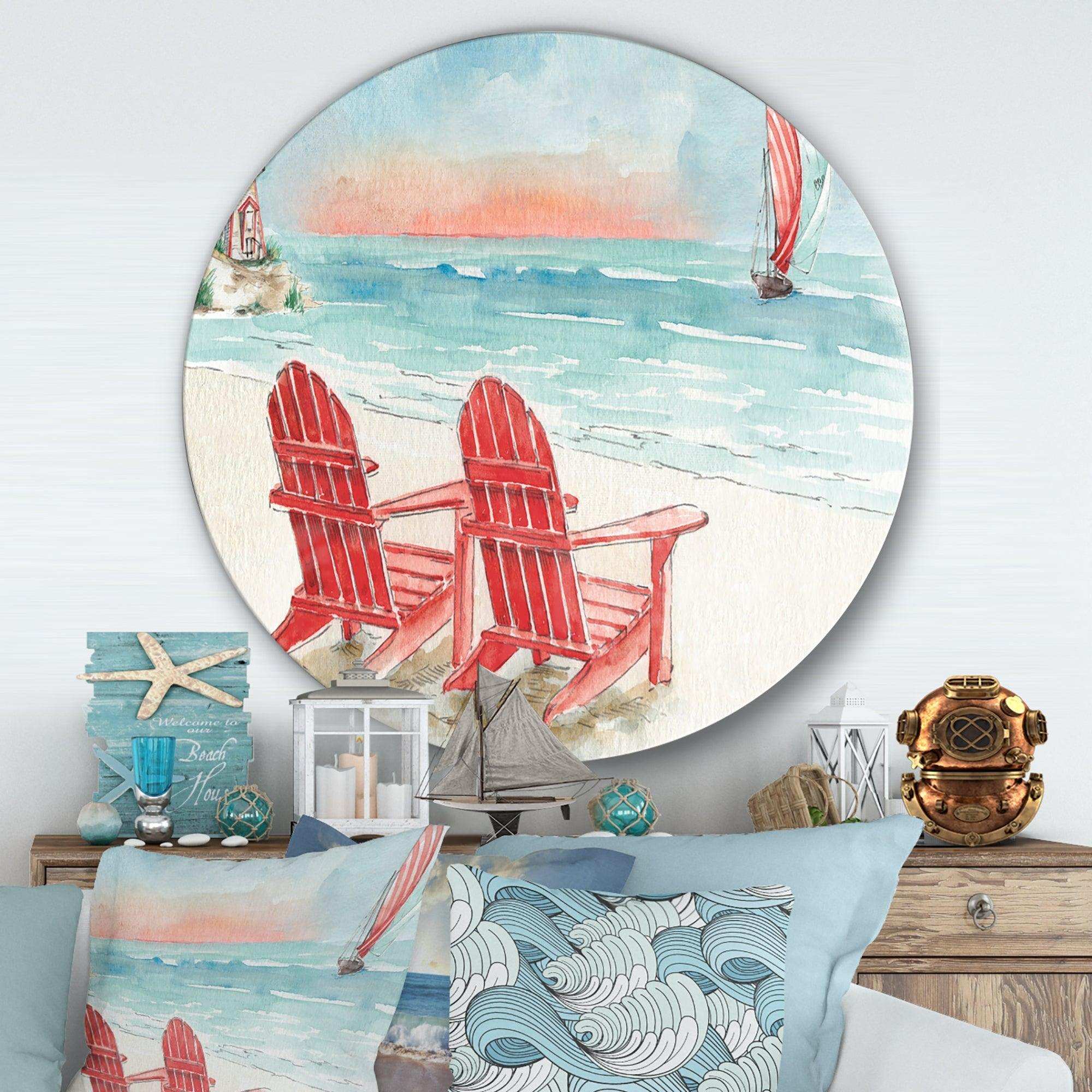 Coastal Chair Relax Beach II - Cottage Round Metal Wall Art