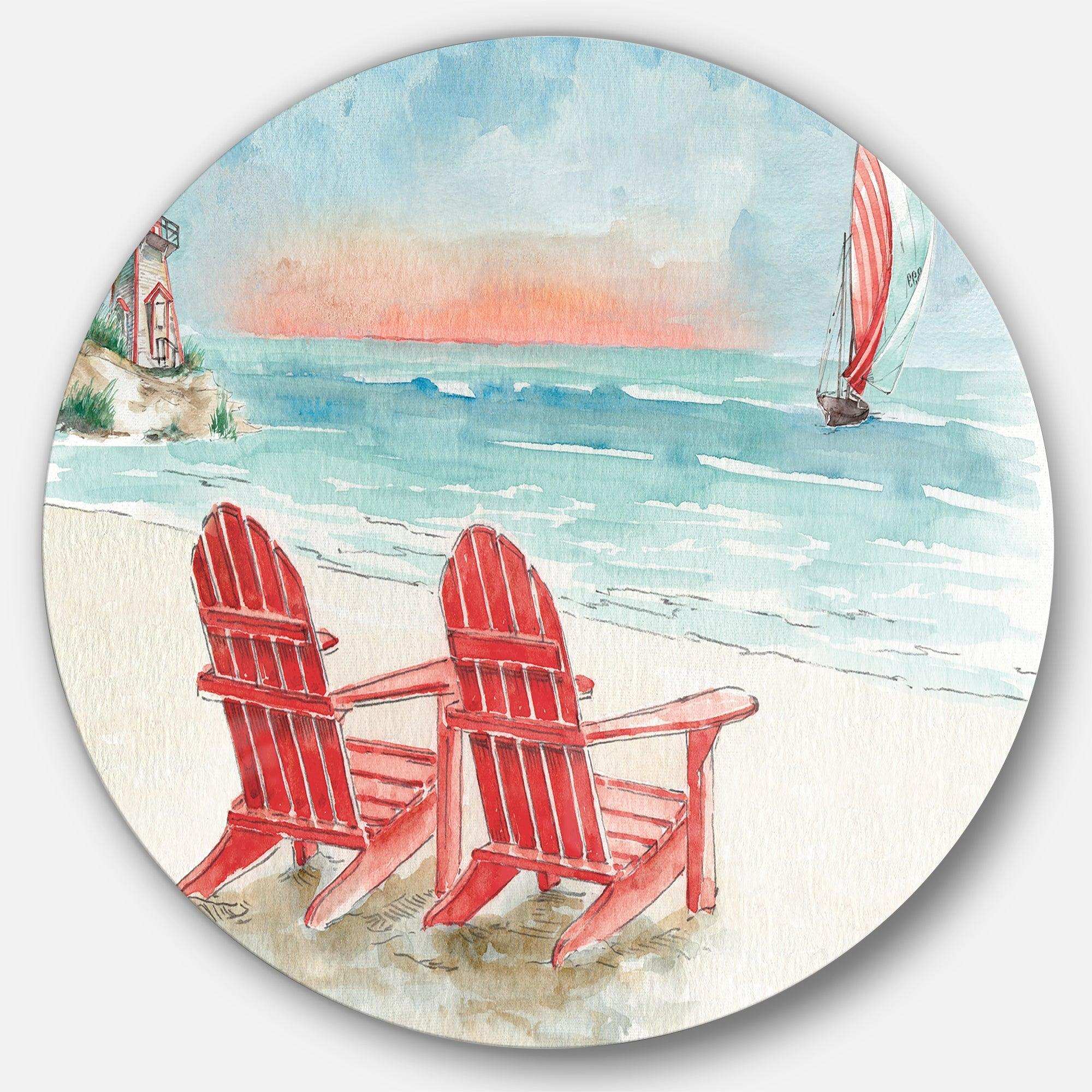 Coastal Chair Relax Beach II - Cottage Round Metal Wall Art