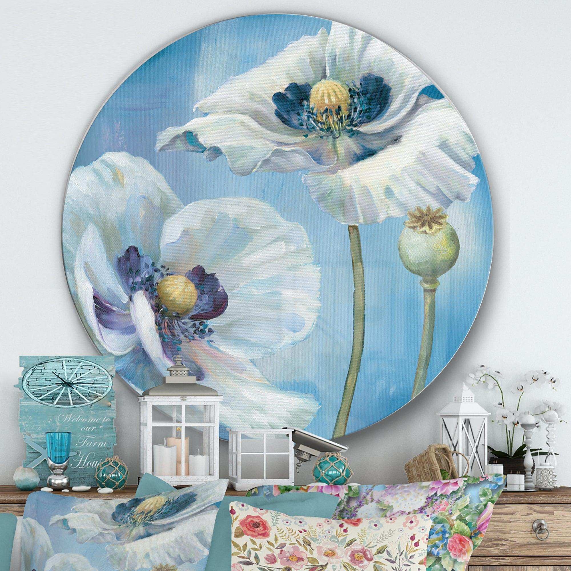 White Flower on Blue I - Floral Circle Metal Wall Decor
