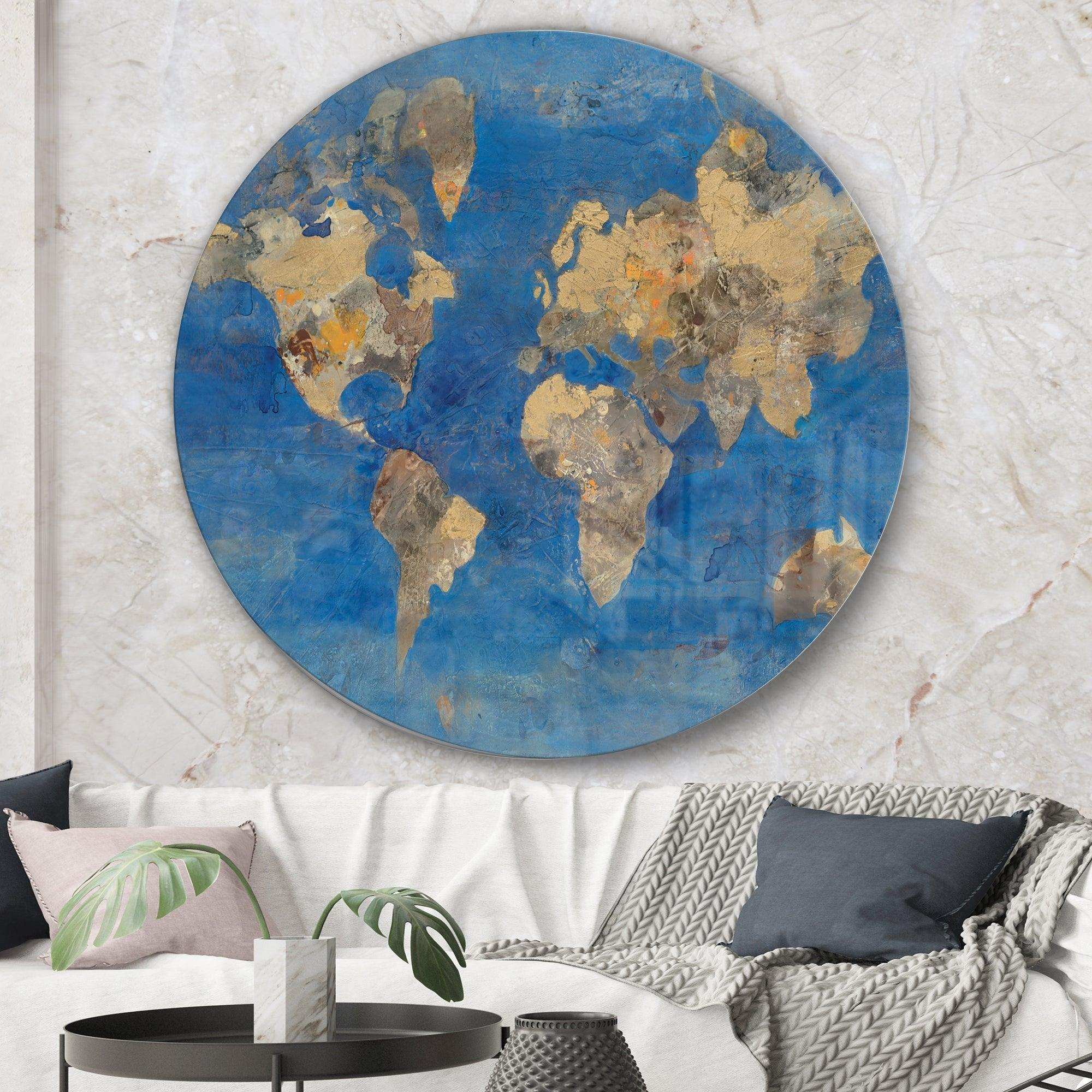 Golden Blue World Map - Map Oversized Circle Metal Wall Art
