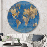 Golden Blue World Map - Map Oversized Circle Metal Wall Art