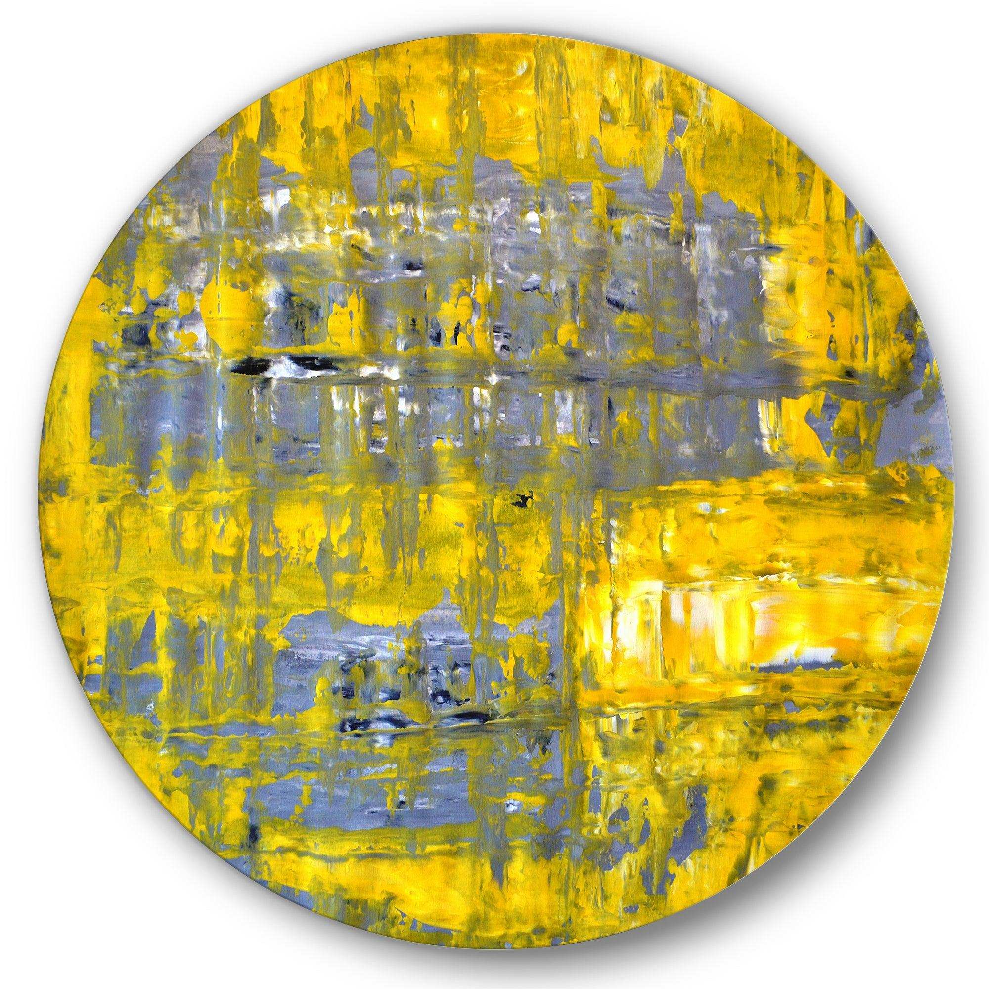 Yellow Meets Grey Abstract Art I - Abstract Metal Circle Wall Art
