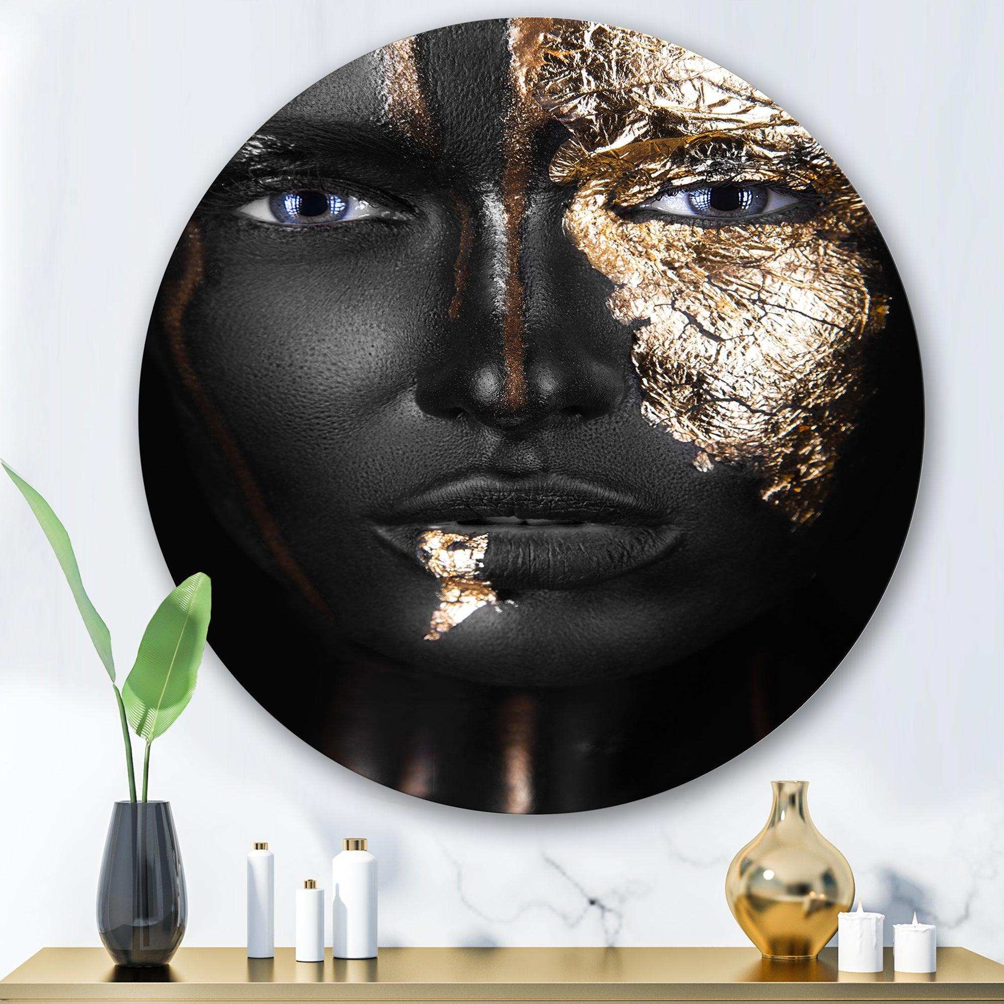 Portrait of A Afro American Girl with Gold Makeup - People Round Metal Wall Art