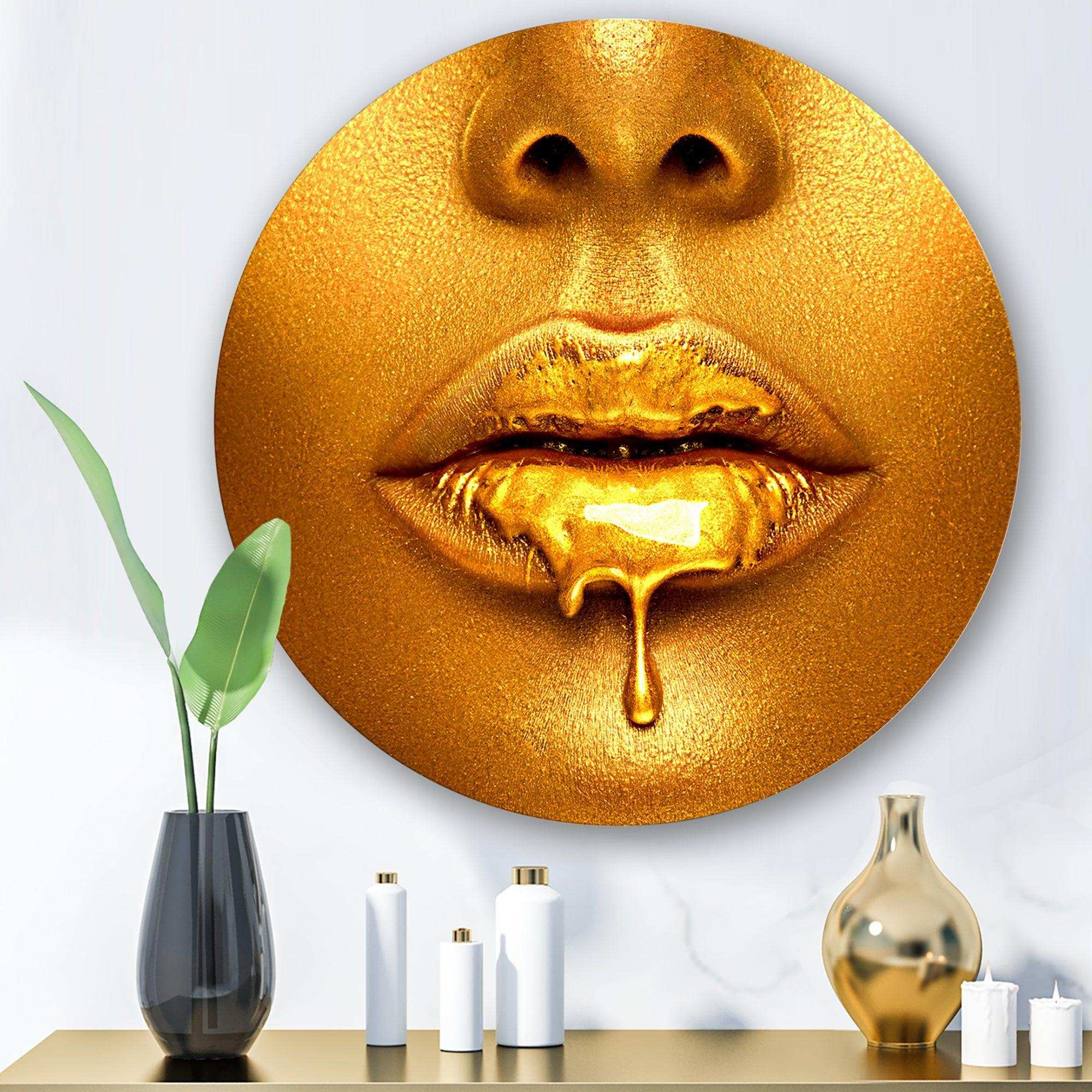 Gold Paint Drips From Sexy Woman Lips - People Oversized Circle Metal Wall Art